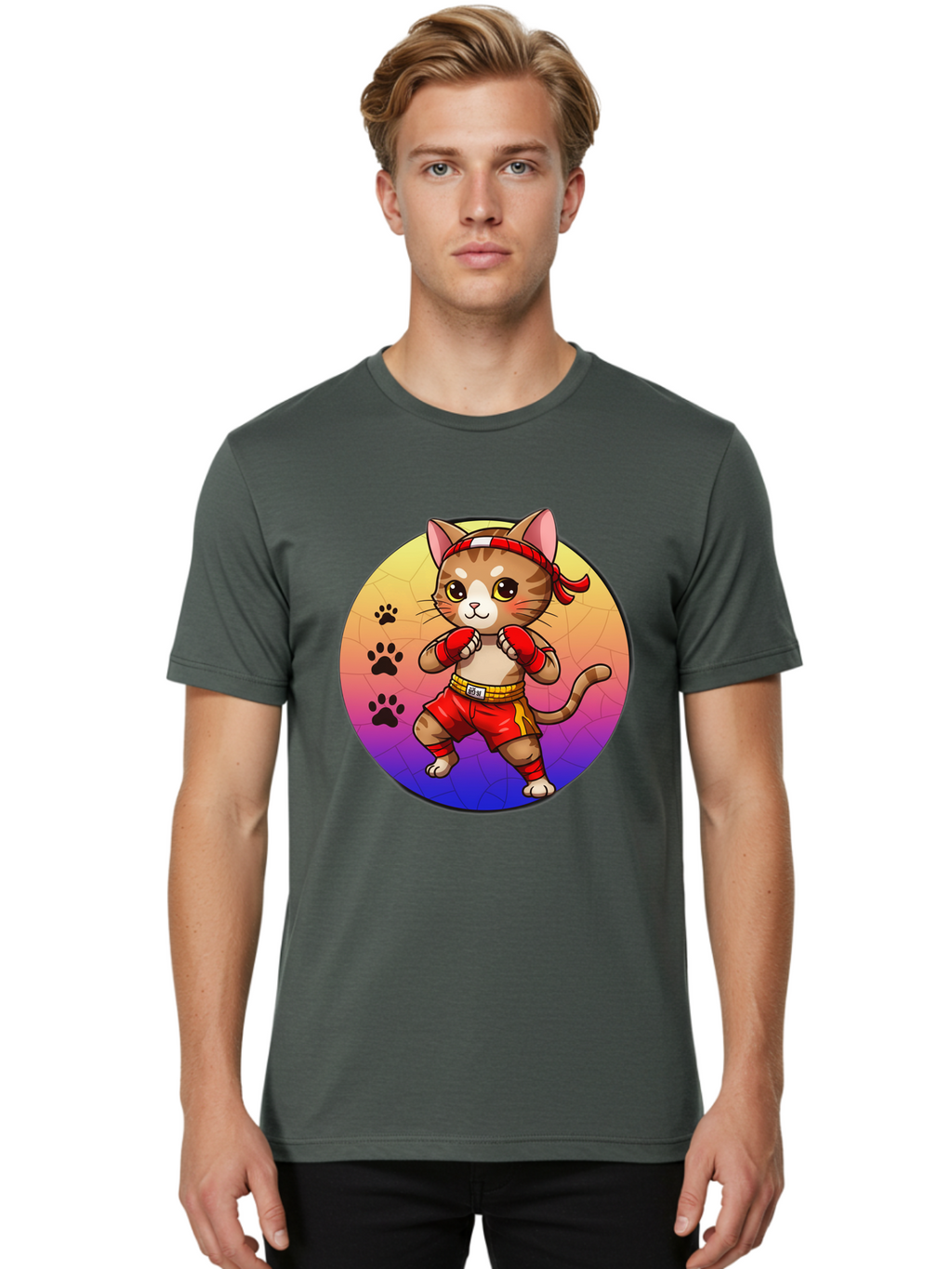 Kitty-Muay-Thai Men'S Graphic Tee, 100% Cotton, Comfortable Casual Summer Wear, Machine Washable, Cartoon Cat, Muay Thai Fighter, Boxing Gloves, Red Shorts, Kawaii Character, Cat Paw Prints, Gradient Background, Martial Arts, Fighting Stance, Bae480