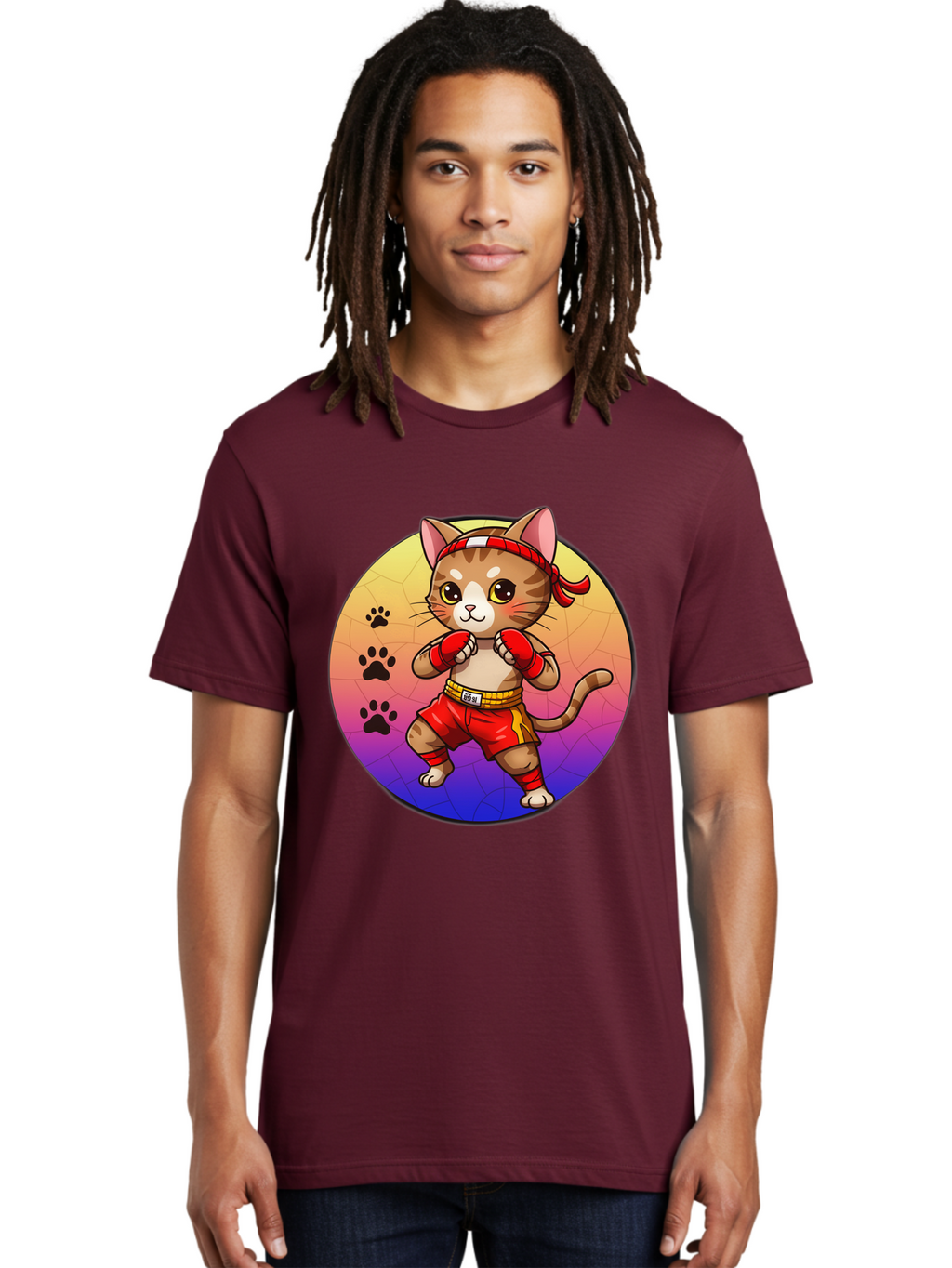 Kitty-Muay-Thai Men'S Graphic Tee, 100% Cotton, Comfortable Casual Summer Wear, Machine Washable, Cartoon Cat, Muay Thai Fighter, Boxing Gloves, Red Shorts, Kawaii Character, Cat Paw Prints, Gradient Background, Martial Arts, Fighting Stance, Bae480