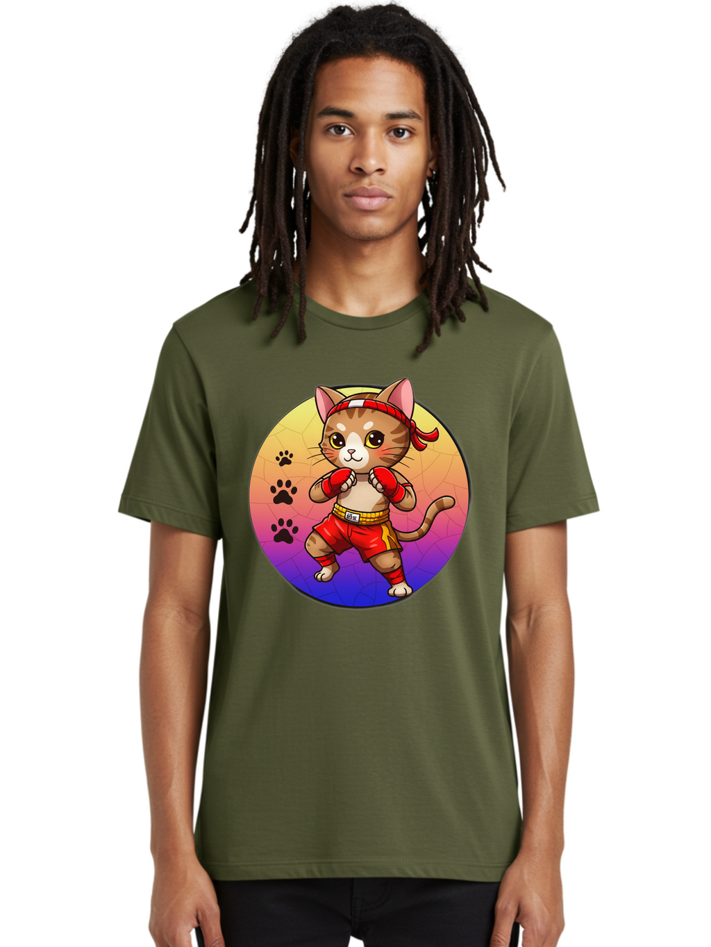 Kitty-Muay-Thai Men'S Graphic Tee, 100% Cotton, Comfortable Casual Summer Wear, Machine Washable, Cartoon Cat, Muay Thai Fighter, Boxing Gloves, Red Shorts, Kawaii Character, Cat Paw Prints, Gradient Background, Martial Arts, Fighting Stance, Bae480