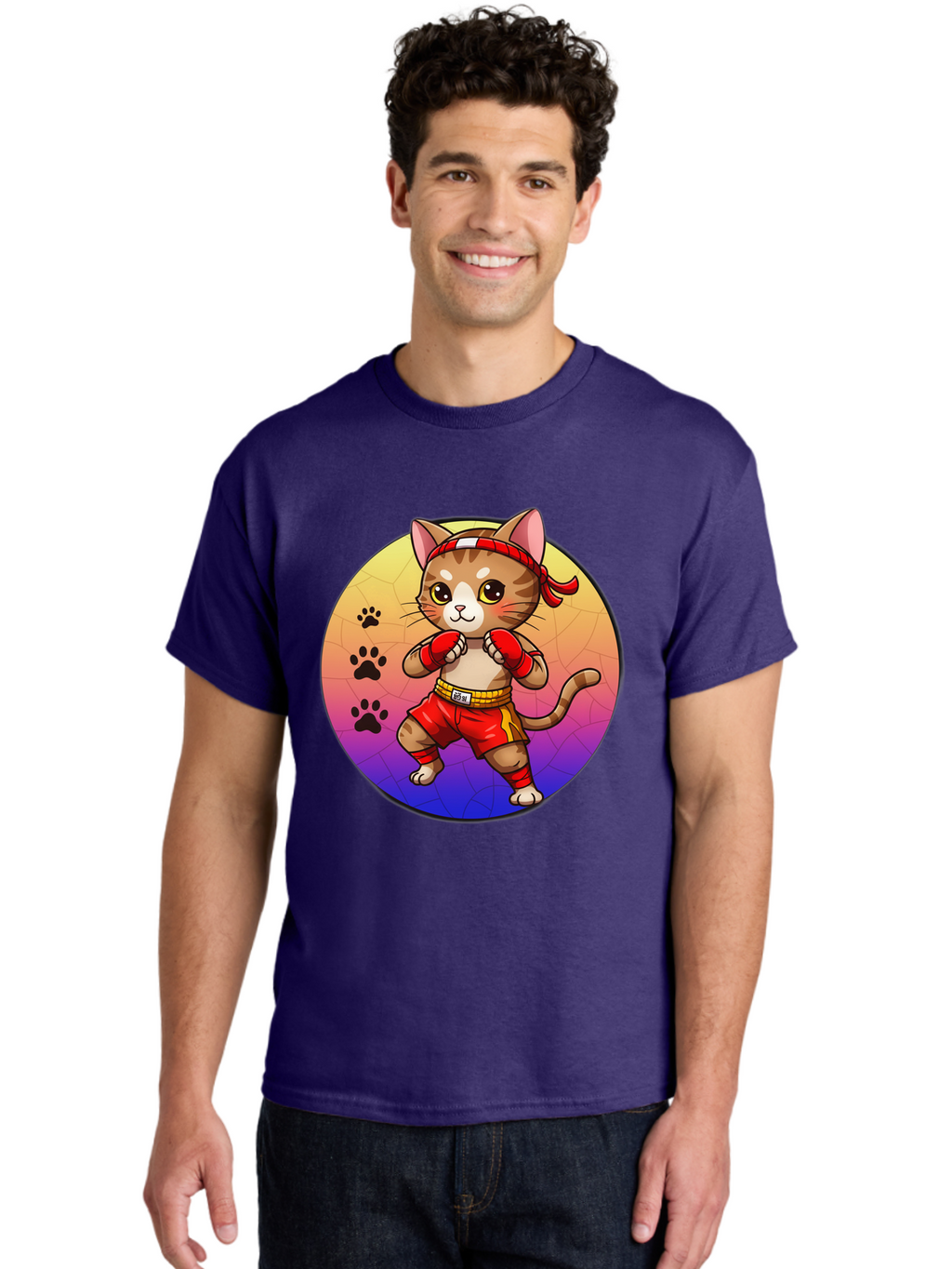 Kitty-Muay-Thai Men'S Graphic Tee, 100% Cotton, Comfortable Casual Summer Wear, Machine Washable, Cartoon Cat, Muay Thai Fighter, Boxing Gloves, Red Shorts, Kawaii Character, Cat Paw Prints, Gradient Background, Martial Arts, Fighting Stance, Bae480