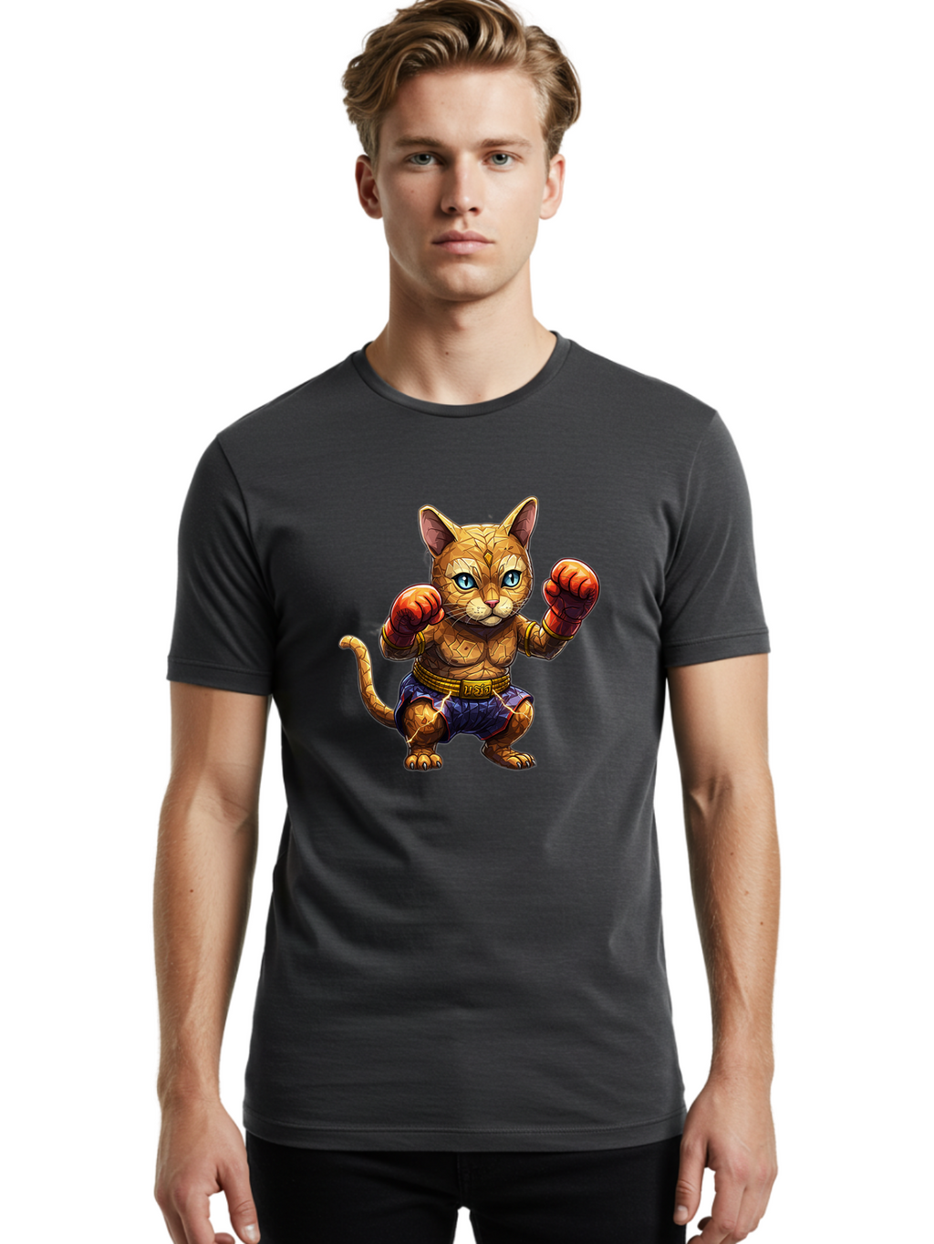 Kung-Fu-Cat-1 Men'S Graphic Tee, 100% Cotton, Comfortable Casual Summer Wear, Machine Washable, Cartoon Cat With Boxing Gloves, Muscular Cat, Fighting Stance, Blue Shorts, Gold Belt, Tiger-Like, Orange Fur, Intense Stare, Athletic Build, Bae481