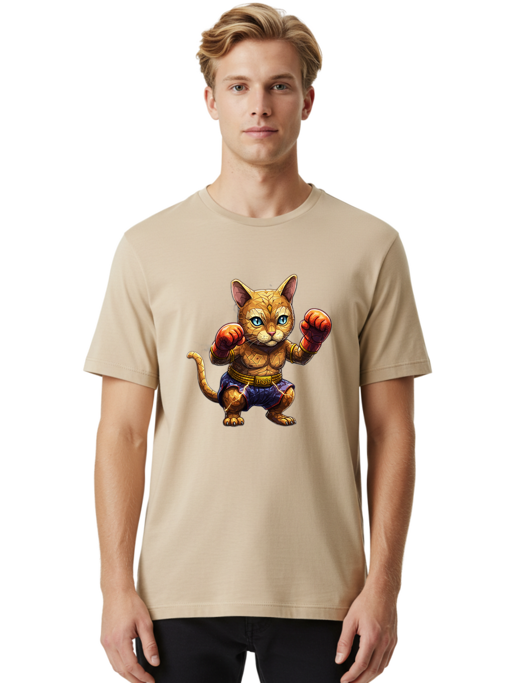 Kung-Fu-Cat-1 Men'S Graphic Tee, 100% Cotton, Comfortable Casual Summer Wear, Machine Washable, Cartoon Cat With Boxing Gloves, Muscular Cat, Fighting Stance, Blue Shorts, Gold Belt, Tiger-Like, Orange Fur, Intense Stare, Athletic Build, Bae481