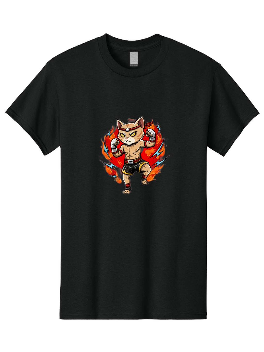 Kung-Fu-Cat Men'S Graphic Tee, 100% Cotton, Comfortable Casual Summer Wear, Machine Washable, Cartoon Cat, Fighting Stance, Martial Arts, Ninja Kitty, Red Flames, Orange Kitten, Yellow Eyes, Boxing Gloves Bae482