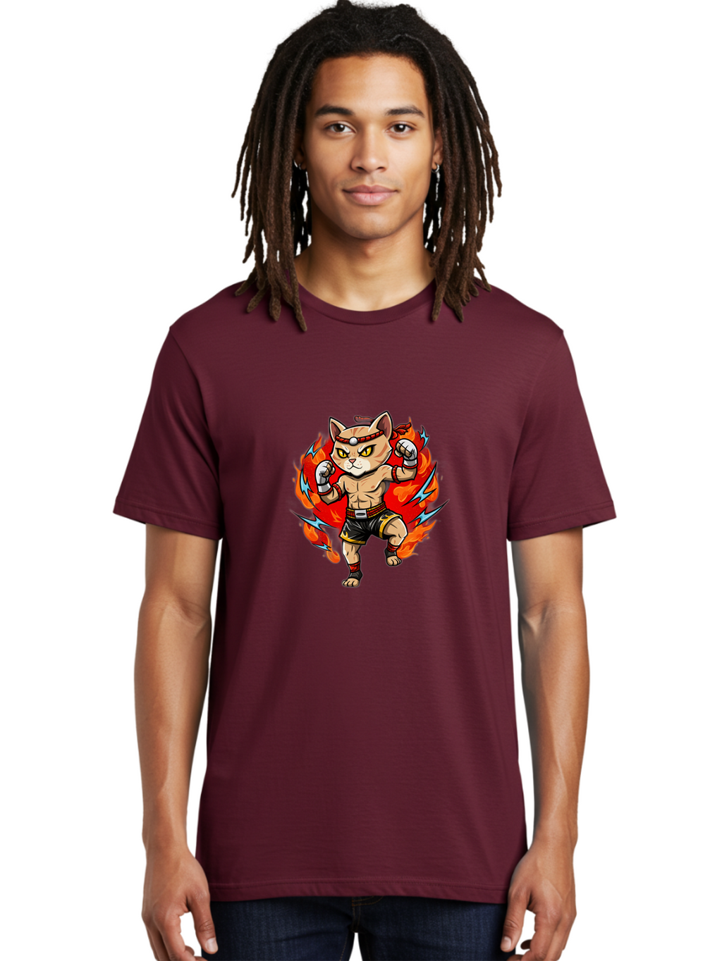 Kung-Fu-Cat Men'S Graphic Tee, 100% Cotton, Comfortable Casual Summer Wear, Machine Washable, Cartoon Cat, Fighting Stance, Martial Arts, Ninja Kitty, Red Flames, Orange Kitten, Yellow Eyes, Boxing Gloves Bae482