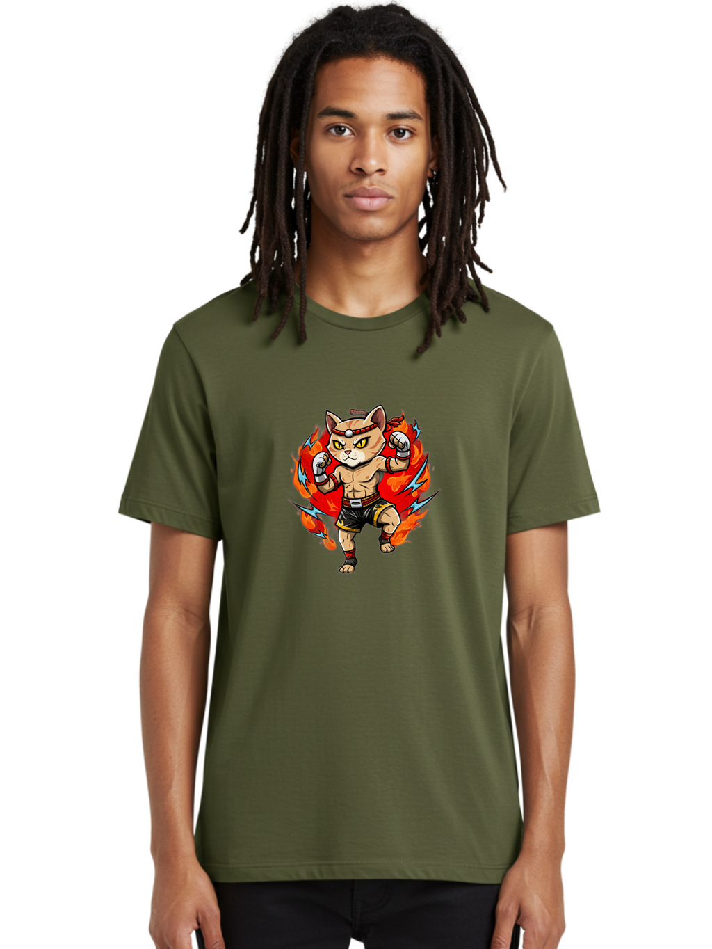 Kung-Fu-Cat Men'S Graphic Tee, 100% Cotton, Comfortable Casual Summer Wear, Machine Washable, Cartoon Cat, Fighting Stance, Martial Arts, Ninja Kitty, Red Flames, Orange Kitten, Yellow Eyes, Boxing Gloves Bae482