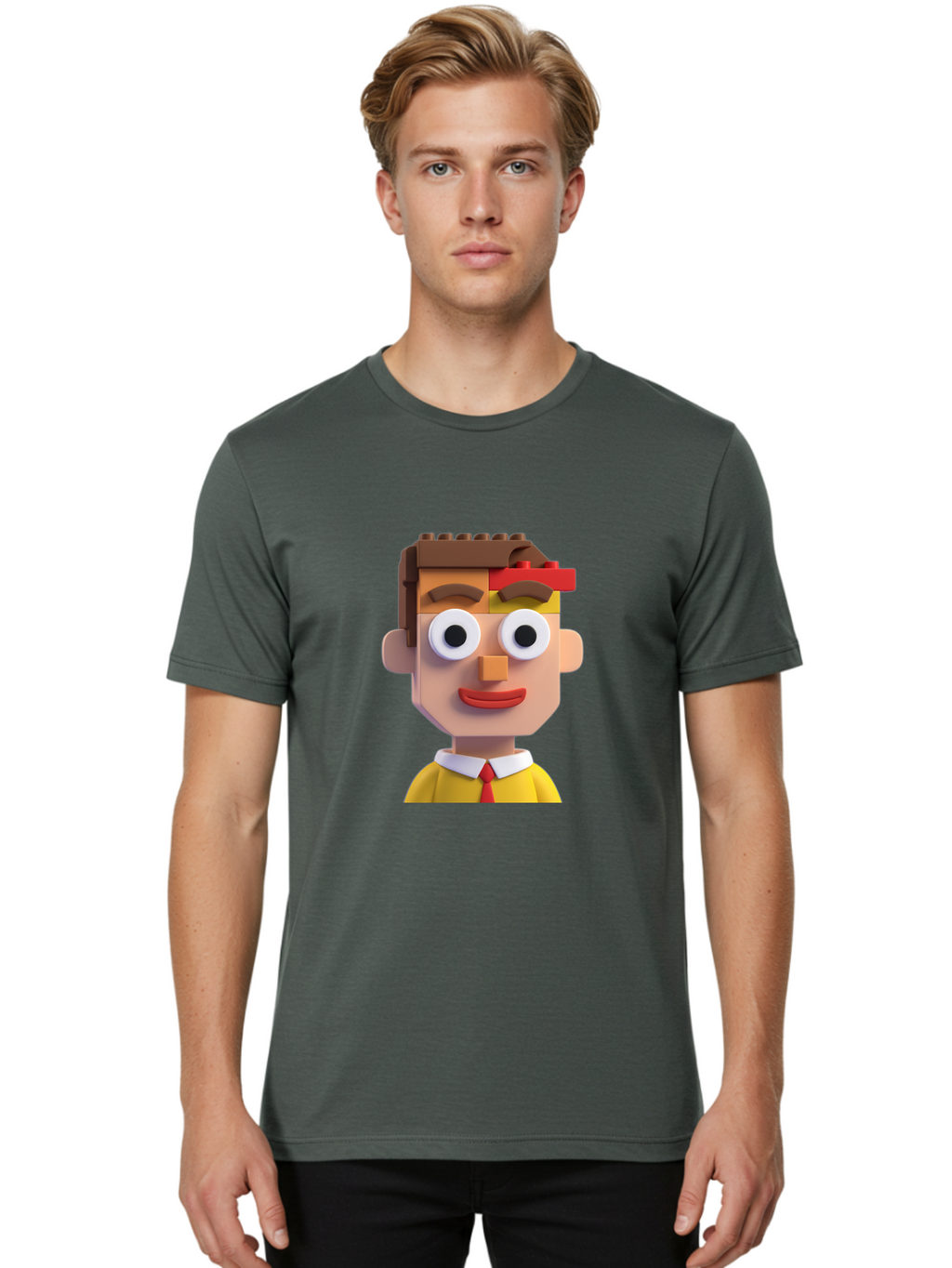 Lego-Man Men'S Graphic Tee, 100% Cotton, Comfortable Casual Summer Wear, Machine Washable, Cartoon Character, Lego Bricks, 3D Model, Funny Face, Large Eyes, Red Tie, Yellow Shirt, White Collar, Playful Design, Digital Art, Character Design Bae483