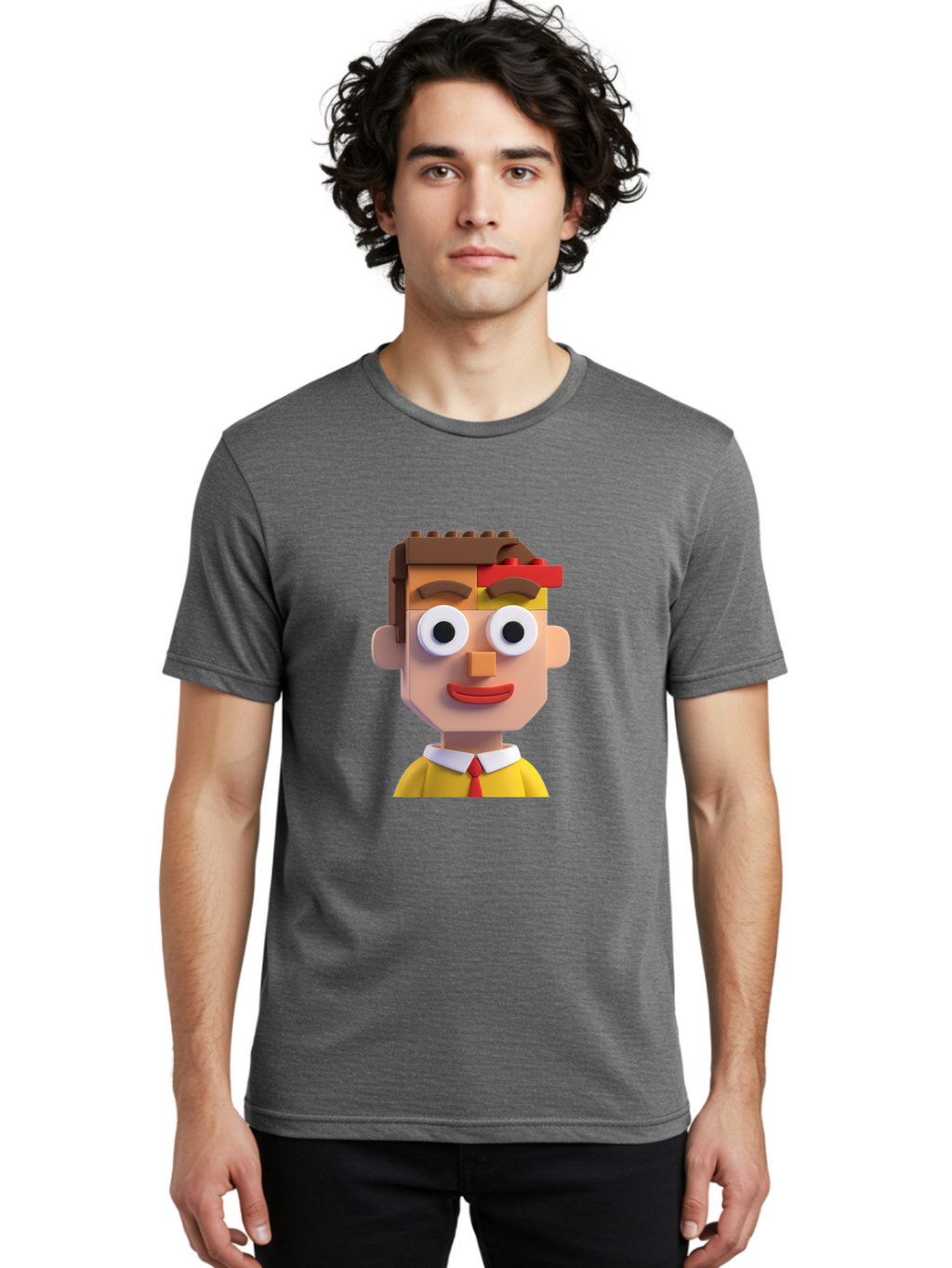 Lego-Man Men'S Graphic Tee, 100% Cotton, Comfortable Casual Summer Wear, Machine Washable, Cartoon Character, Lego Bricks, 3D Model, Funny Face, Large Eyes, Red Tie, Yellow Shirt, White Collar, Playful Design, Digital Art, Character Design Bae483
