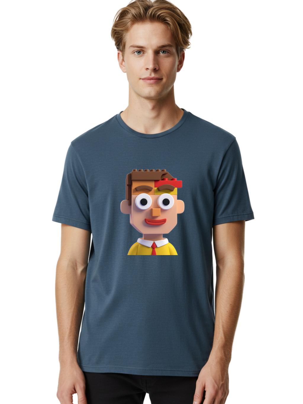 Lego-Man Men'S Graphic Tee, 100% Cotton, Comfortable Casual Summer Wear, Machine Washable, Cartoon Character, Lego Bricks, 3D Model, Funny Face, Large Eyes, Red Tie, Yellow Shirt, White Collar, Playful Design, Digital Art, Character Design Bae483