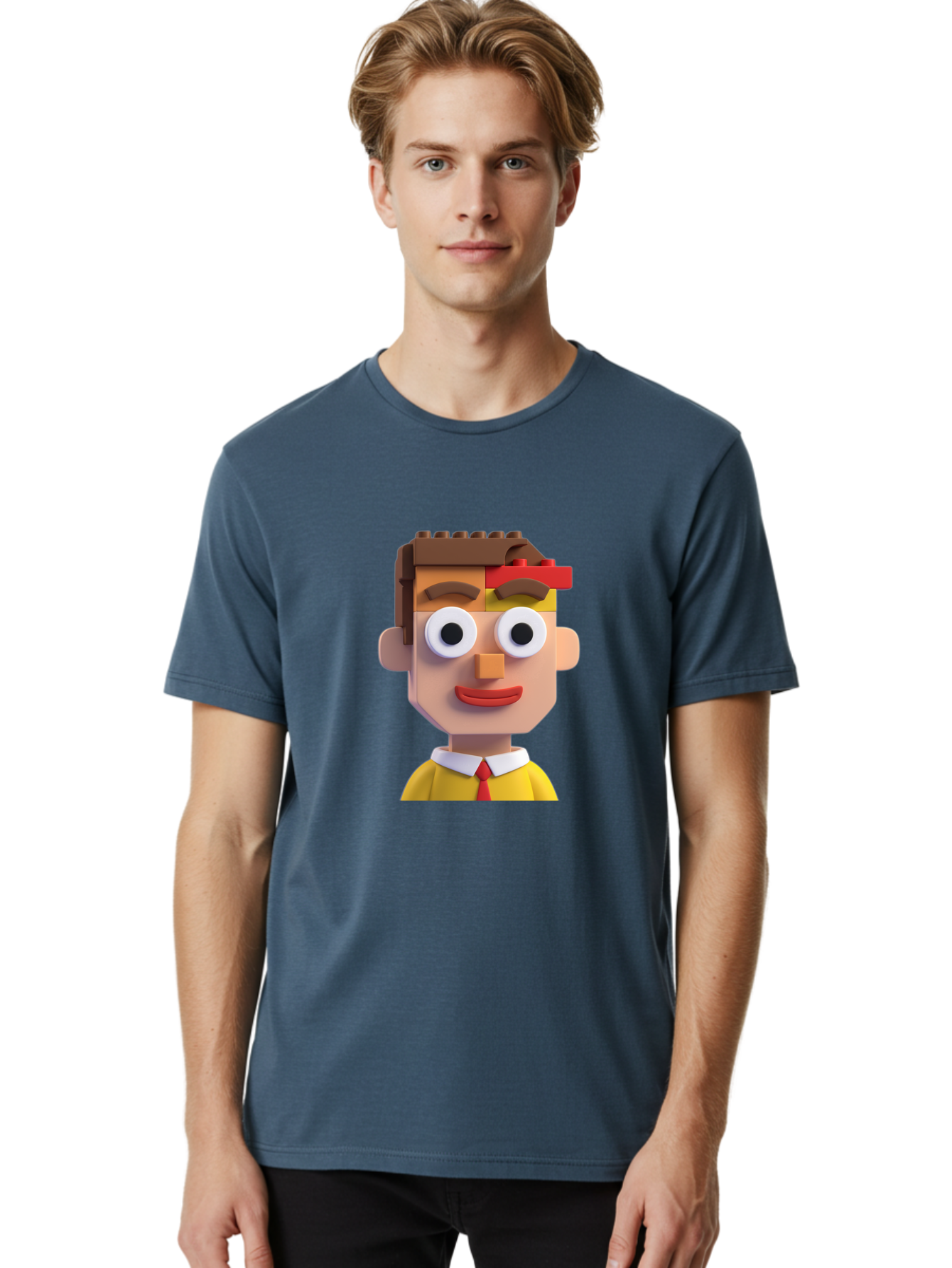Lego-Man Men'S Graphic Tee, 100% Cotton, Comfortable Casual Summer Wear, Machine Washable, Cartoon Character, Lego Bricks, 3D Model, Funny Face, Large Eyes, Red Tie, Yellow Shirt, White Collar, Playful Design, Digital Art, Character Design Bae483