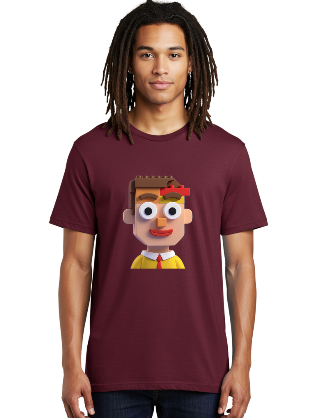Lego-Man Men'S Graphic Tee, 100% Cotton, Comfortable Casual Summer Wear, Machine Washable, Cartoon Character, Lego Bricks, 3D Model, Funny Face, Large Eyes, Red Tie, Yellow Shirt, White Collar, Playful Design, Digital Art, Character Design Bae483