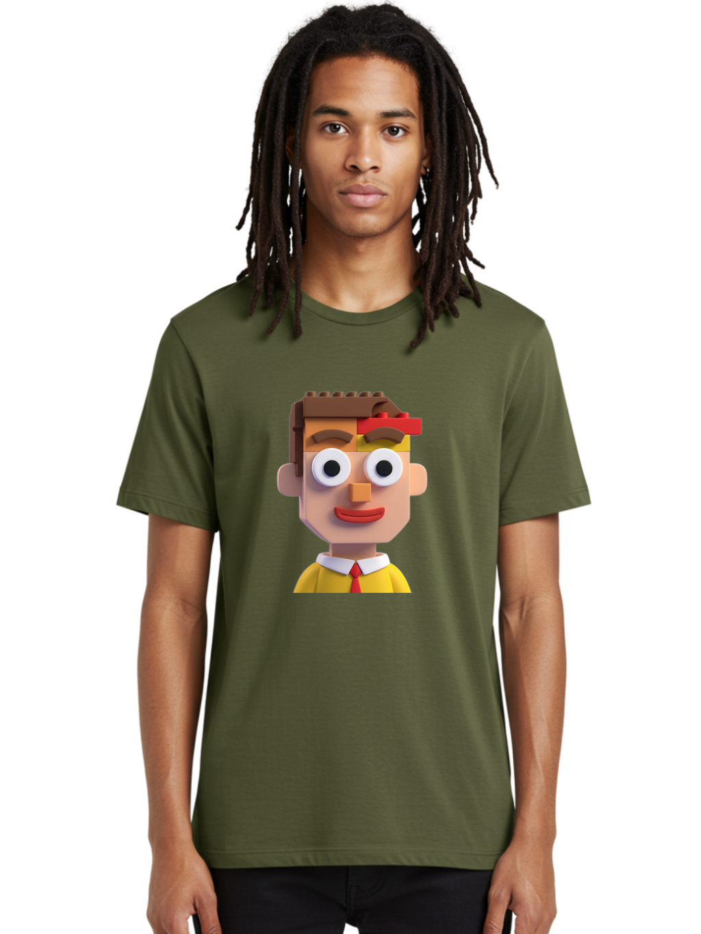 Lego-Man Men'S Graphic Tee, 100% Cotton, Comfortable Casual Summer Wear, Machine Washable, Cartoon Character, Lego Bricks, 3D Model, Funny Face, Large Eyes, Red Tie, Yellow Shirt, White Collar, Playful Design, Digital Art, Character Design Bae483