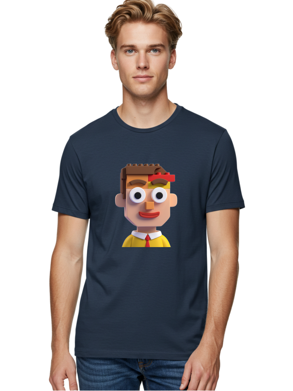 Lego-Man Men'S Graphic Tee, 100% Cotton, Comfortable Casual Summer Wear, Machine Washable, Cartoon Character, Lego Bricks, 3D Model, Funny Face, Large Eyes, Red Tie, Yellow Shirt, White Collar, Playful Design, Digital Art, Character Design Bae483