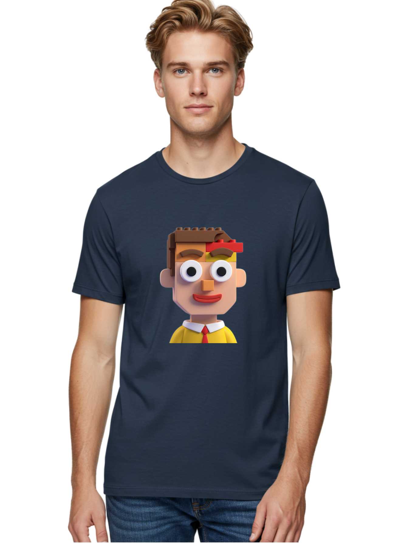 Lego-Man Men'S Graphic Tee, 100% Cotton, Comfortable Casual Summer Wear, Machine Washable, Cartoon Character, Lego Bricks, 3D Model, Funny Face, Large Eyes, Red Tie, Yellow Shirt, White Collar, Playful Design, Digital Art, Character Design Bae483