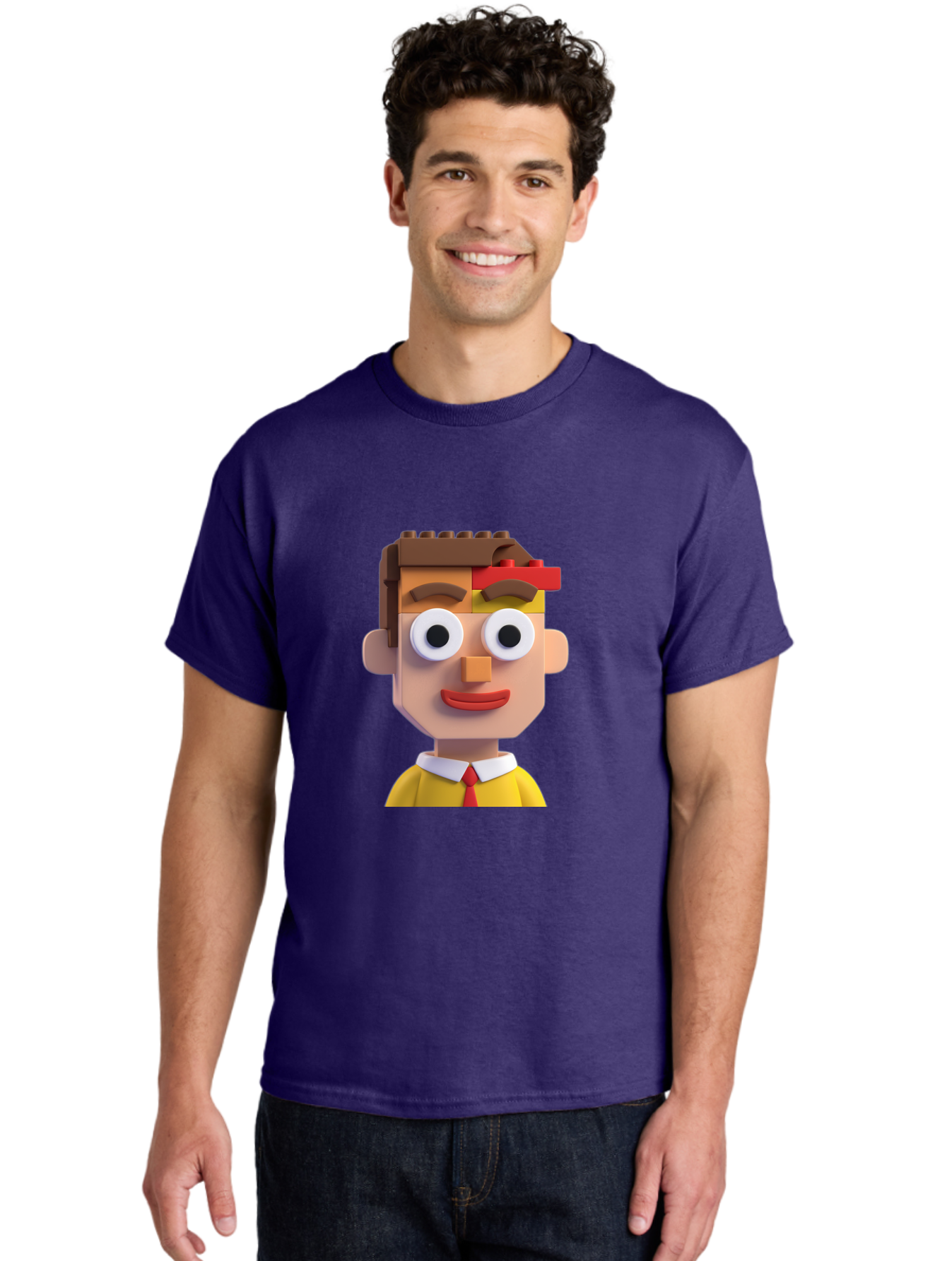 Lego-Man Men'S Graphic Tee, 100% Cotton, Comfortable Casual Summer Wear, Machine Washable, Cartoon Character, Lego Bricks, 3D Model, Funny Face, Large Eyes, Red Tie, Yellow Shirt, White Collar, Playful Design, Digital Art, Character Design Bae483
