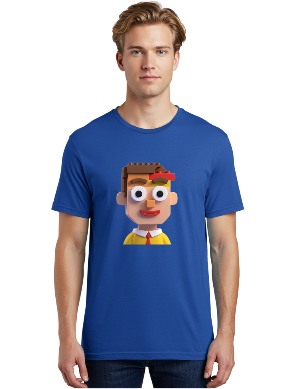Lego-Man Men'S Graphic Tee, 100% Cotton, Comfortable Casual Summer Wear, Machine Washable, Cartoon Character, Lego Bricks, 3D Model, Funny Face, Large Eyes, Red Tie, Yellow Shirt, White Collar, Playful Design, Digital Art, Character Design Bae483