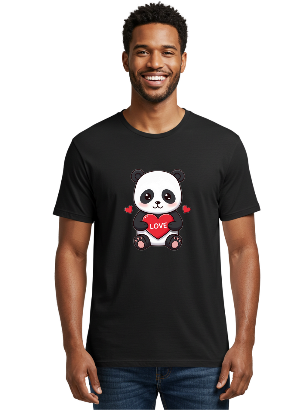 Love-Panda Men'S Graphic Tee, 100% Cotton, Comfortable Casual Summer Wear, Machine Washable, Cute Panda Bear, Love Heart, Red Heart With Love, Adorable Cartoon Character, Kawaii Illustration, Heartwarming Scene, Panda Love Bae486