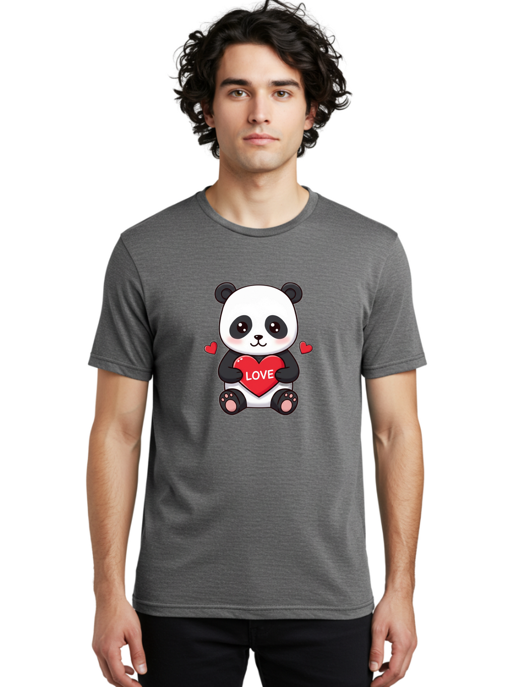 Love-Panda Men'S Graphic Tee, 100% Cotton, Comfortable Casual Summer Wear, Machine Washable, Cute Panda Bear, Love Heart, Red Heart With Love, Adorable Cartoon Character, Kawaii Illustration, Heartwarming Scene, Panda Love Bae486