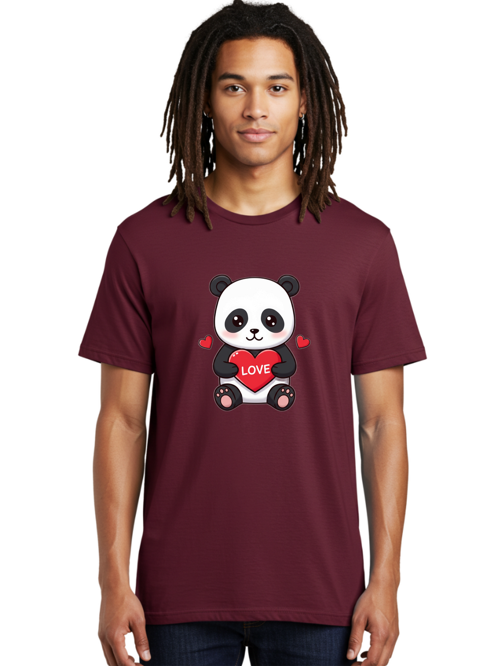 Love-Panda Men'S Graphic Tee, 100% Cotton, Comfortable Casual Summer Wear, Machine Washable, Cute Panda Bear, Love Heart, Red Heart With Love, Adorable Cartoon Character, Kawaii Illustration, Heartwarming Scene, Panda Love Bae486
