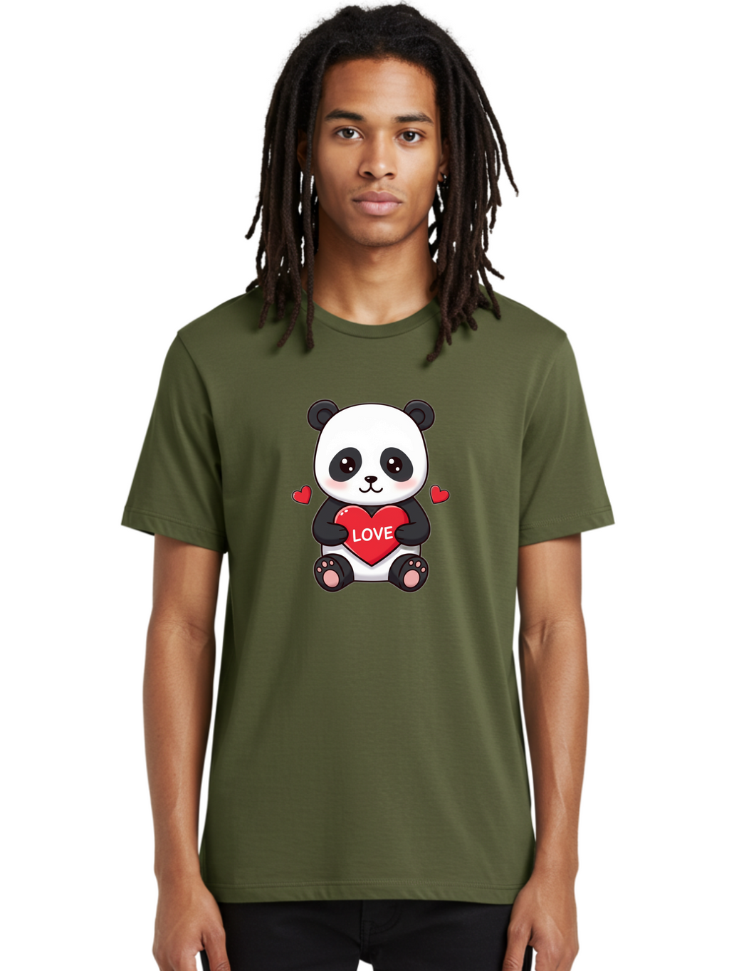 Love-Panda Men'S Graphic Tee, 100% Cotton, Comfortable Casual Summer Wear, Machine Washable, Cute Panda Bear, Love Heart, Red Heart With Love, Adorable Cartoon Character, Kawaii Illustration, Heartwarming Scene, Panda Love Bae486