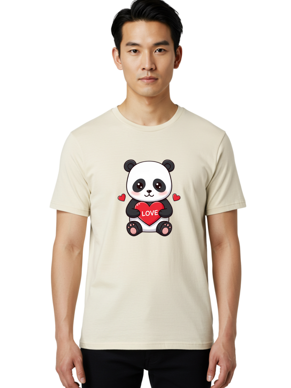 Love-Panda Men'S Graphic Tee, 100% Cotton, Comfortable Casual Summer Wear, Machine Washable, Cute Panda Bear, Love Heart, Red Heart With Love, Adorable Cartoon Character, Kawaii Illustration, Heartwarming Scene, Panda Love Bae486