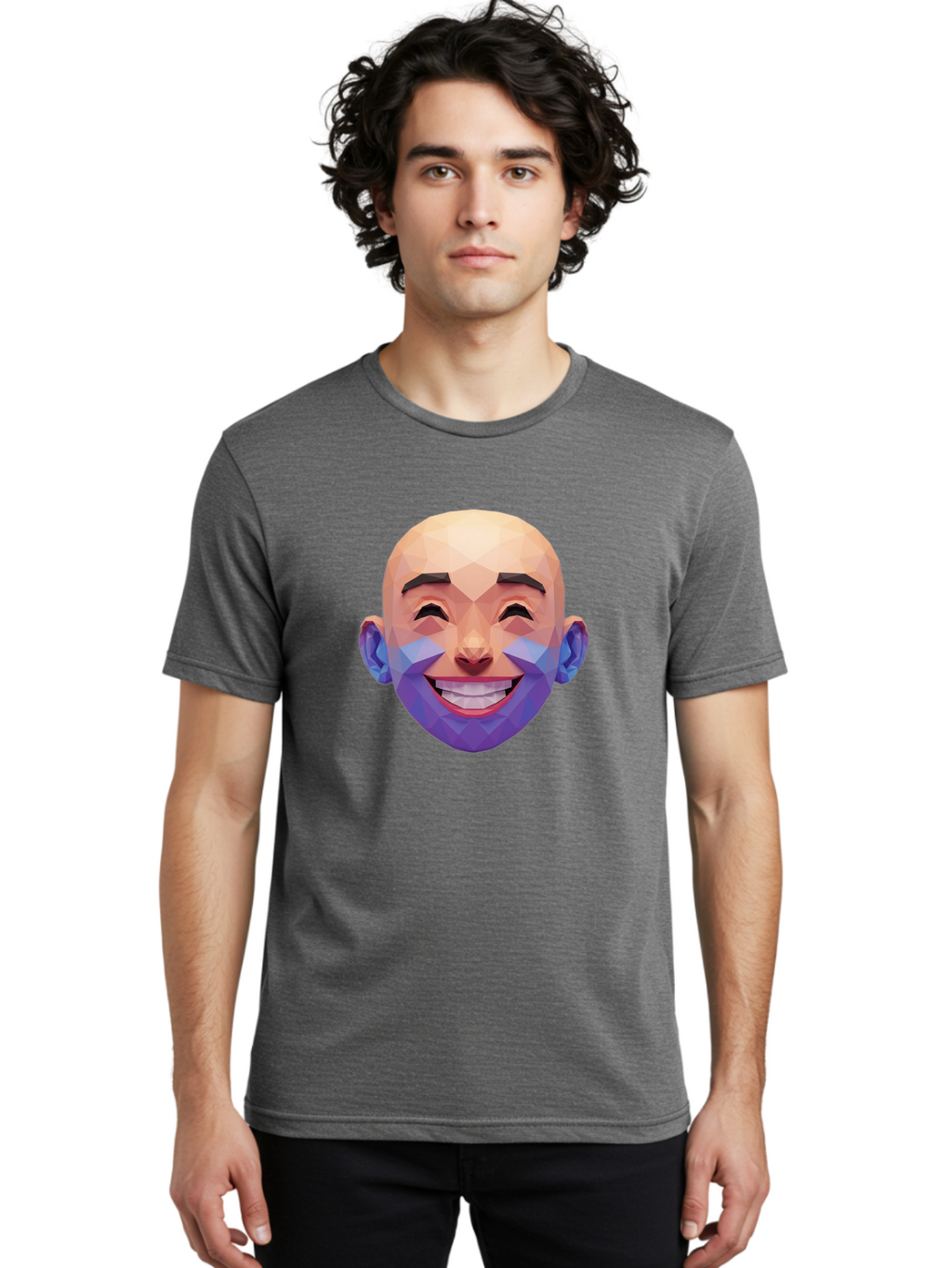 Low-Poly-Face Men'S Graphic Tee, 100% Cotton, Comfortable Casual Summer Wear, Machine Washable, Low Poly Art, 3D Model, Smiling Face, Bald Man, Purple Beard, Happy Expression, Geometric Shapes, Cartoon Style, Digital Art, Modern Design Bae487