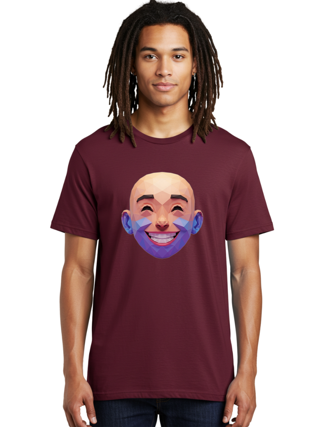 Low-Poly-Face Men'S Graphic Tee, 100% Cotton, Comfortable Casual Summer Wear, Machine Washable, Low Poly Art, 3D Model, Smiling Face, Bald Man, Purple Beard, Happy Expression, Geometric Shapes, Cartoon Style, Digital Art, Modern Design Bae487