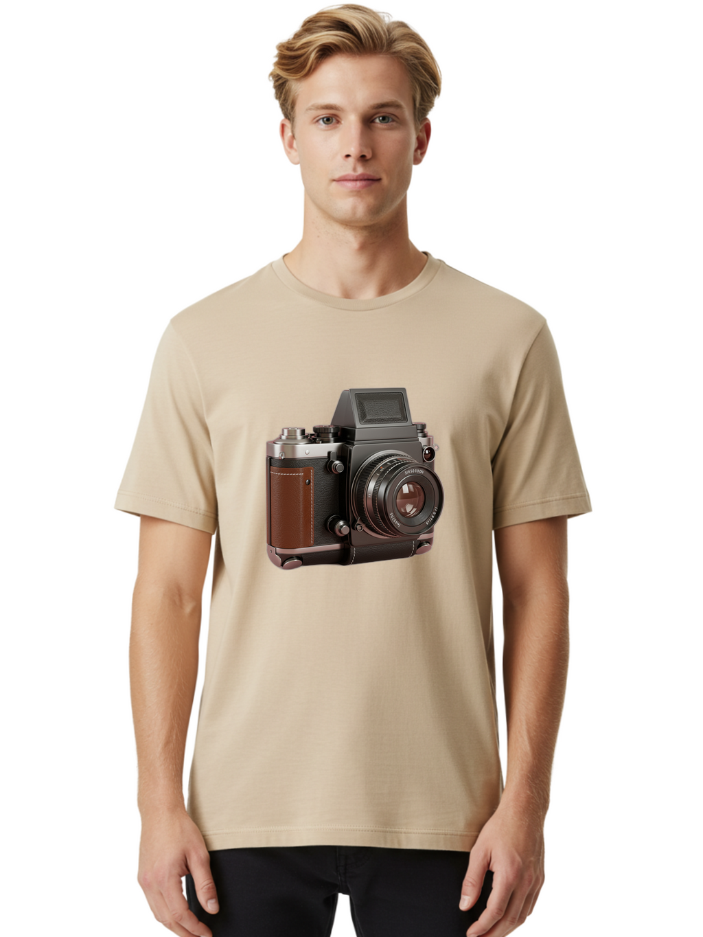 Mamiya-Sekor-50Mm-F-1-7-Lens-On-Camera-Body Men'S Graphic Tee, 100% Cotton, Comfortable Casual Summer Wear, Machine Washable, Hasselblad 500C Camera, Medium Format Camera, Hasselblad Lens, Photography Equipment, Vintage Camera, Classic Design, Bae489
