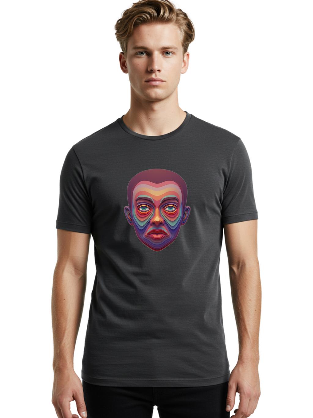 Man-S-Face Men'S Graphic Tee, 100% Cotton, Comfortable Casual Summer Wear, Machine Washable, Multicolored Face, Colorful Patterns, Vibrant Colors, Abstract Art, Surreal Portrait, Iridescent Hues, Psychedelic Style, Contemporary Art, Bae490