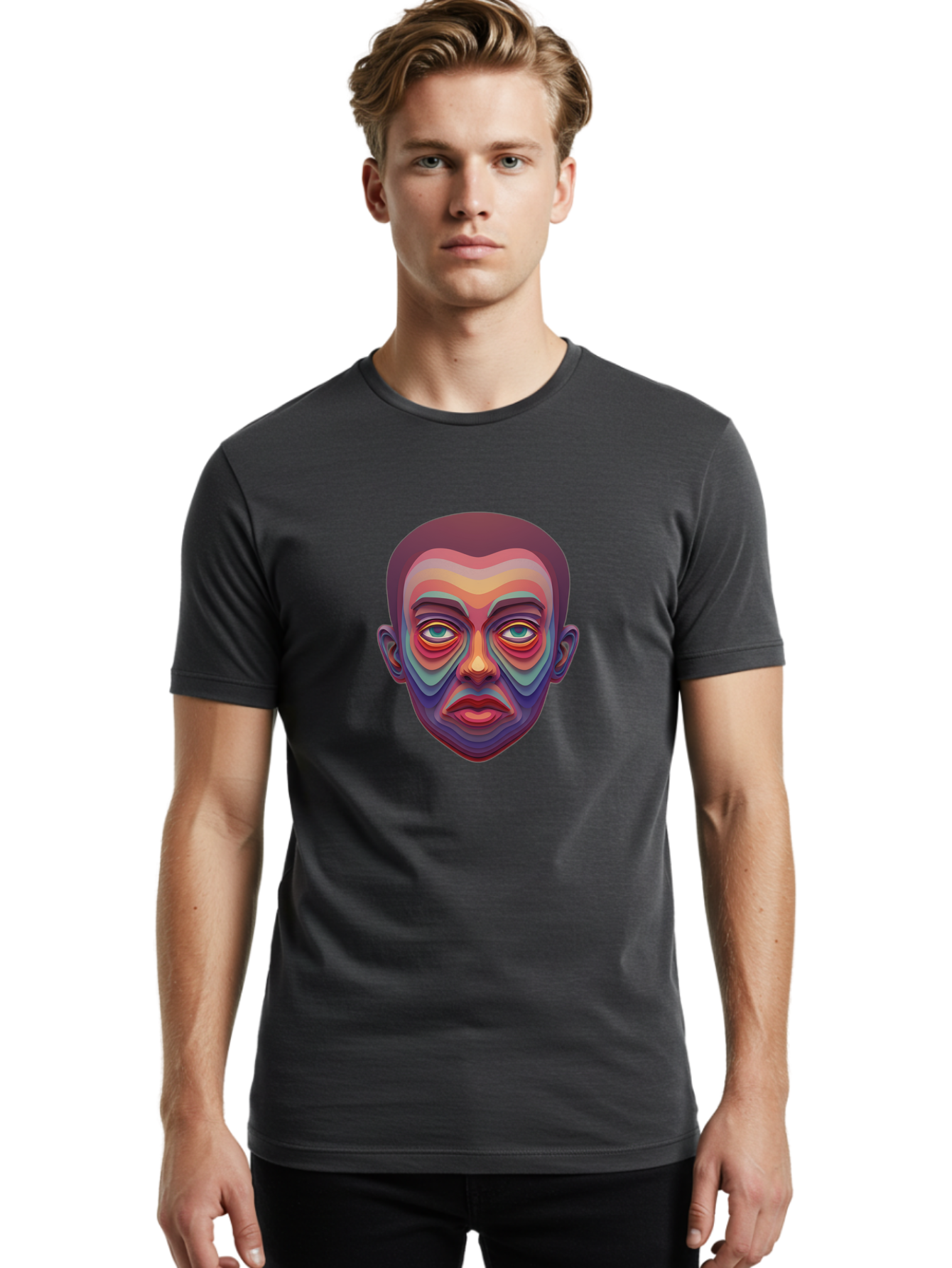 Man-S-Face Men'S Graphic Tee, 100% Cotton, Comfortable Casual Summer Wear, Machine Washable, Multicolored Face, Colorful Patterns, Vibrant Colors, Abstract Art, Surreal Portrait, Iridescent Hues, Psychedelic Style, Contemporary Art, Bae490