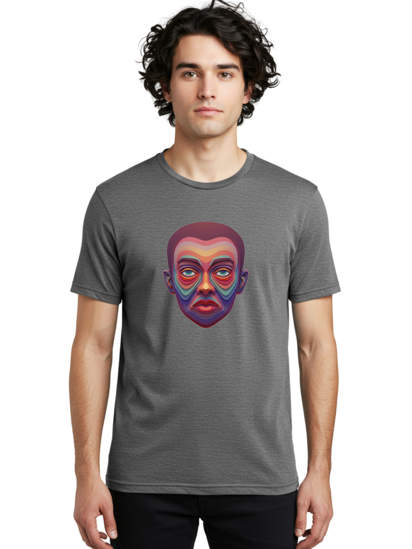 Man-S-Face Men'S Graphic Tee, 100% Cotton, Comfortable Casual Summer Wear, Machine Washable, Multicolored Face, Colorful Patterns, Vibrant Colors, Abstract Art, Surreal Portrait, Iridescent Hues, Psychedelic Style, Contemporary Art, Bae490