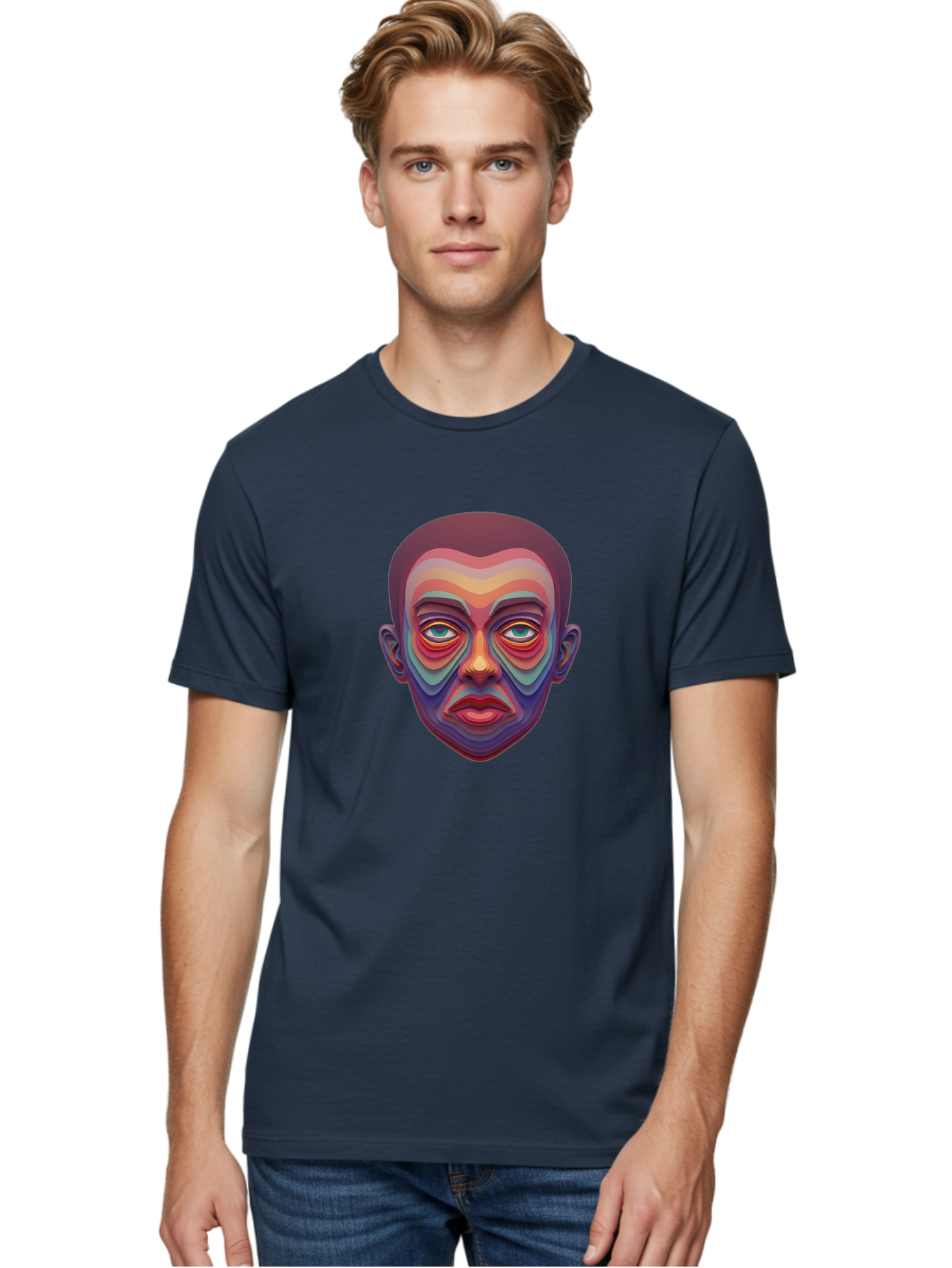 Man-S-Face Men'S Graphic Tee, 100% Cotton, Comfortable Casual Summer Wear, Machine Washable, Multicolored Face, Colorful Patterns, Vibrant Colors, Abstract Art, Surreal Portrait, Iridescent Hues, Psychedelic Style, Contemporary Art, Bae490