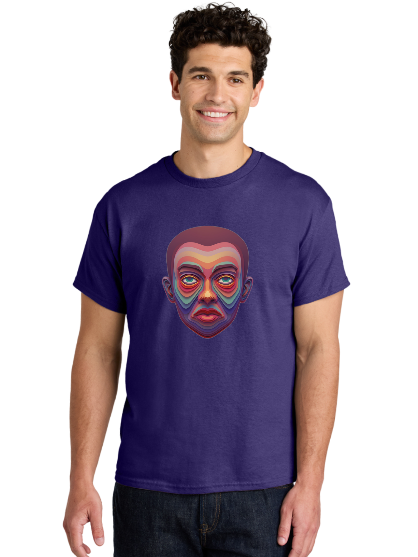 Man-S-Face Men'S Graphic Tee, 100% Cotton, Comfortable Casual Summer Wear, Machine Washable, Multicolored Face, Colorful Patterns, Vibrant Colors, Abstract Art, Surreal Portrait, Iridescent Hues, Psychedelic Style, Contemporary Art, Bae490