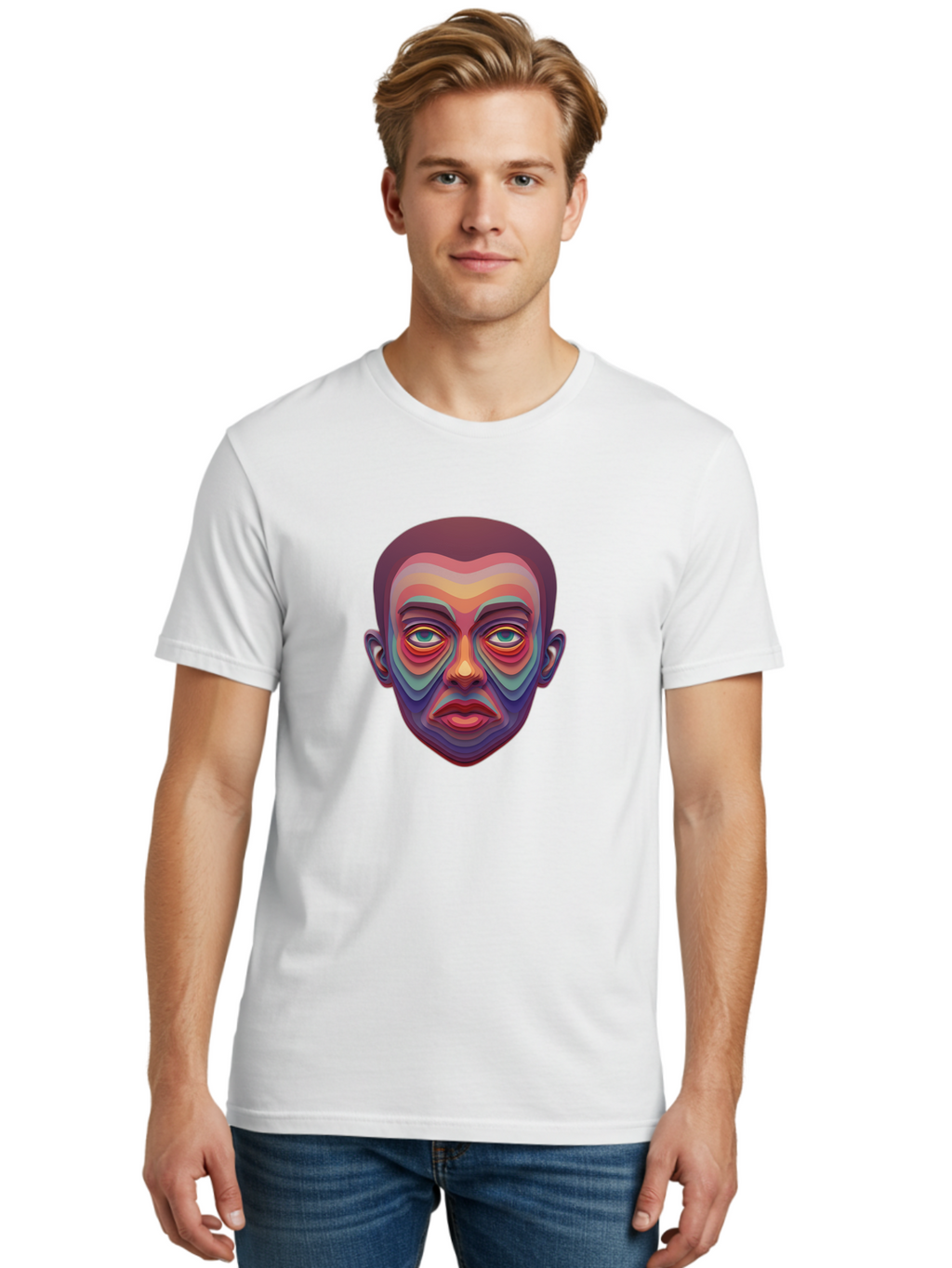 Man-S-Face Men'S Graphic Tee, 100% Cotton, Comfortable Casual Summer Wear, Machine Washable, Multicolored Face, Colorful Patterns, Vibrant Colors, Abstract Art, Surreal Portrait, Iridescent Hues, Psychedelic Style, Contemporary Art, Bae490