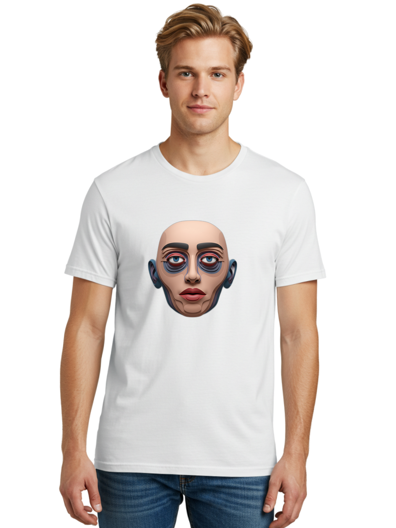 Melting-Face Men'S Graphic Tee, 100% Cotton, Comfortable Casual Summer Wear, Machine Washable, Expressive Face, Surprised Look, Wide-Eyed Expression, Bold Eyebrows, Digital Art, Futuristic Character, Cartoon Style, Emotive Illustration, Bae493