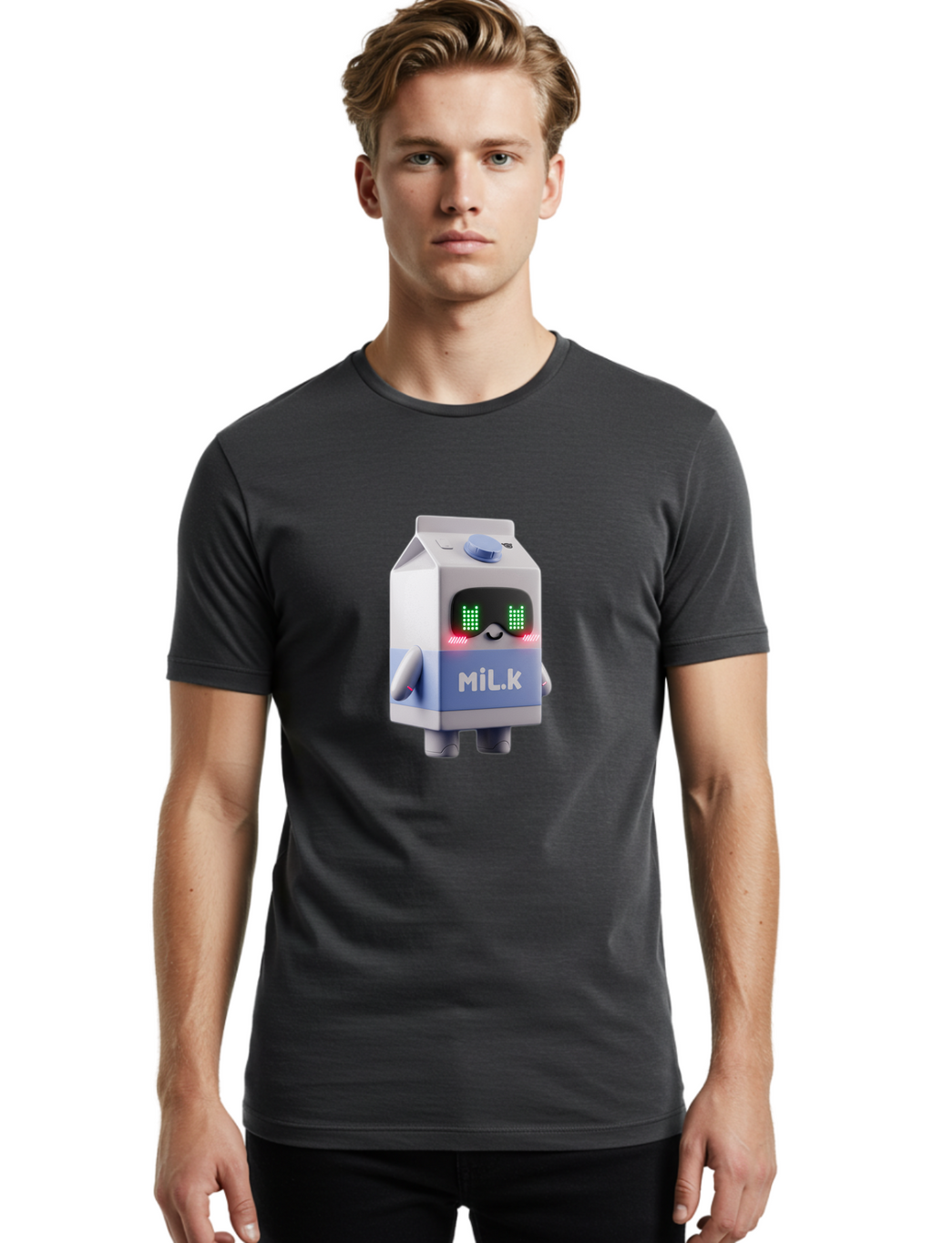 Mil-K-Milk-Carton-Robot Men'S Graphic Tee, 100% Cotton, Comfortable Casual Summer Wear, Machine Washable, Cartoon Milk Carton, Robotic Character, Digital Illustration, Futuristic Design, Glowing Eyes, Led Lights, Cute Mascot, Dairy Product, Bae495