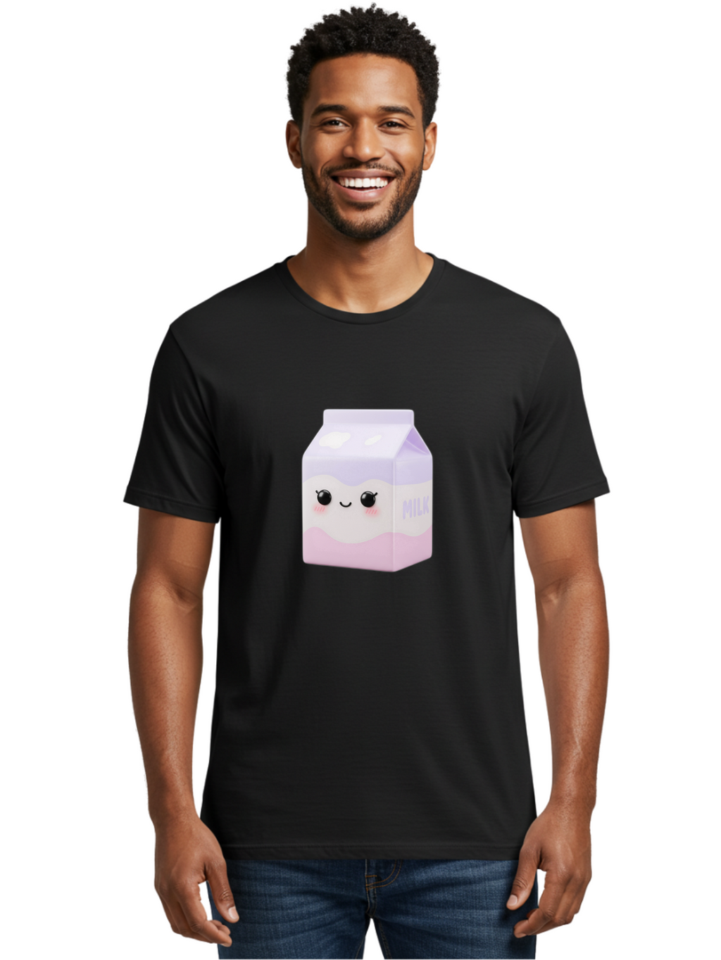 Milk-1 Men'S Graphic Tee, 100% Cotton, Comfortable Casual Summer Wear, Machine Washable, Carton Of Milk, Cute Face, Smiling Eyes, Pink Blush, Kawaii Character, Dairy Product, Funny Illustration, Purple And Pink Colors, Whimsical Design Bae496