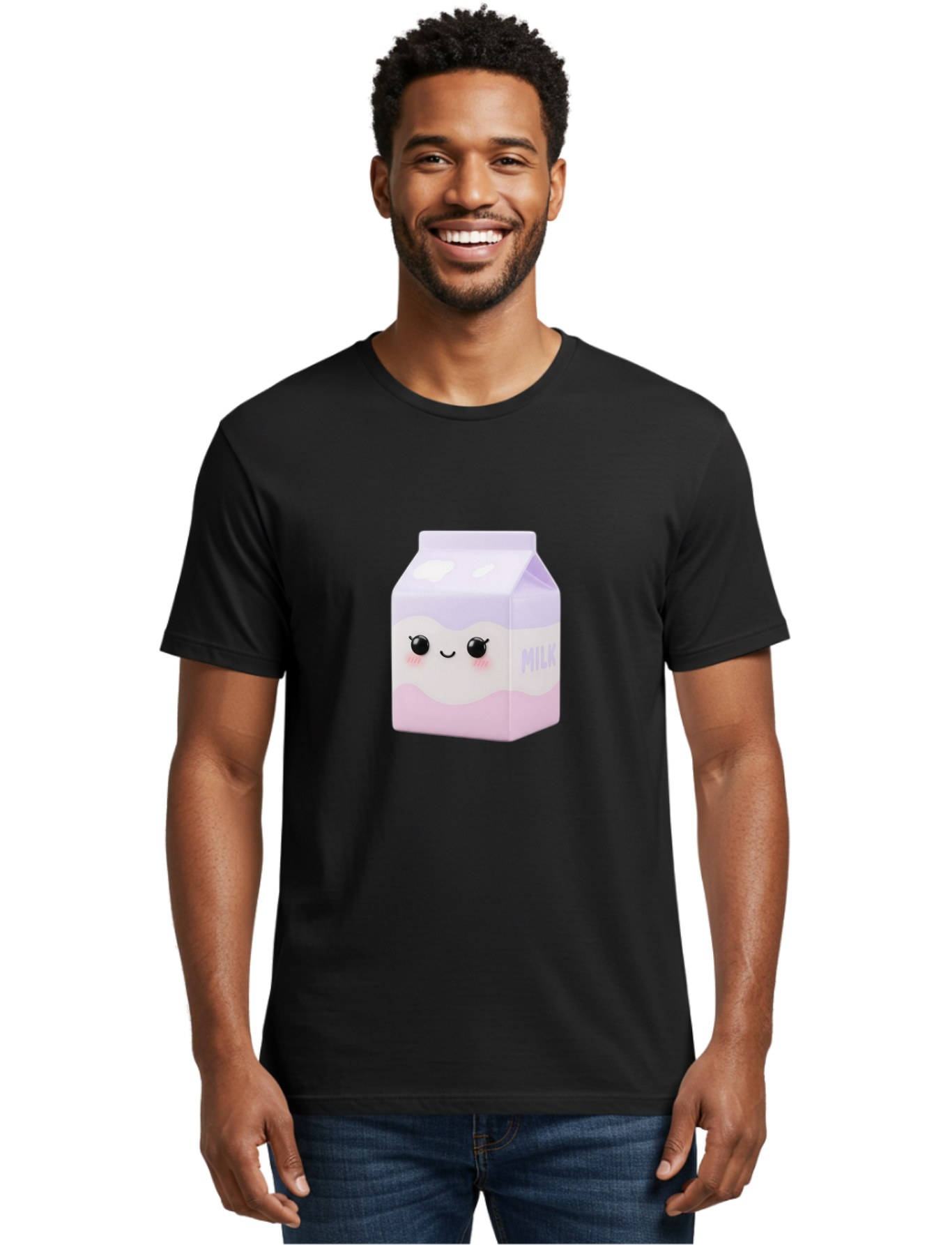 Milk-1 Men'S Graphic Tee, 100% Cotton, Comfortable Casual Summer Wear, Machine Washable, Carton Of Milk, Cute Face, Smiling Eyes, Pink Blush, Kawaii Character, Dairy Product, Funny Illustration, Purple And Pink Colors, Whimsical Design Bae496