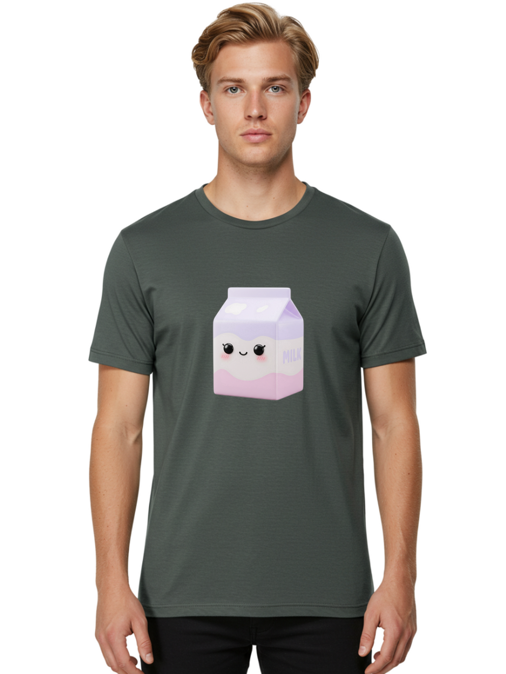 Milk-1 Men'S Graphic Tee, 100% Cotton, Comfortable Casual Summer Wear, Machine Washable, Carton Of Milk, Cute Face, Smiling Eyes, Pink Blush, Kawaii Character, Dairy Product, Funny Illustration, Purple And Pink Colors, Whimsical Design Bae496