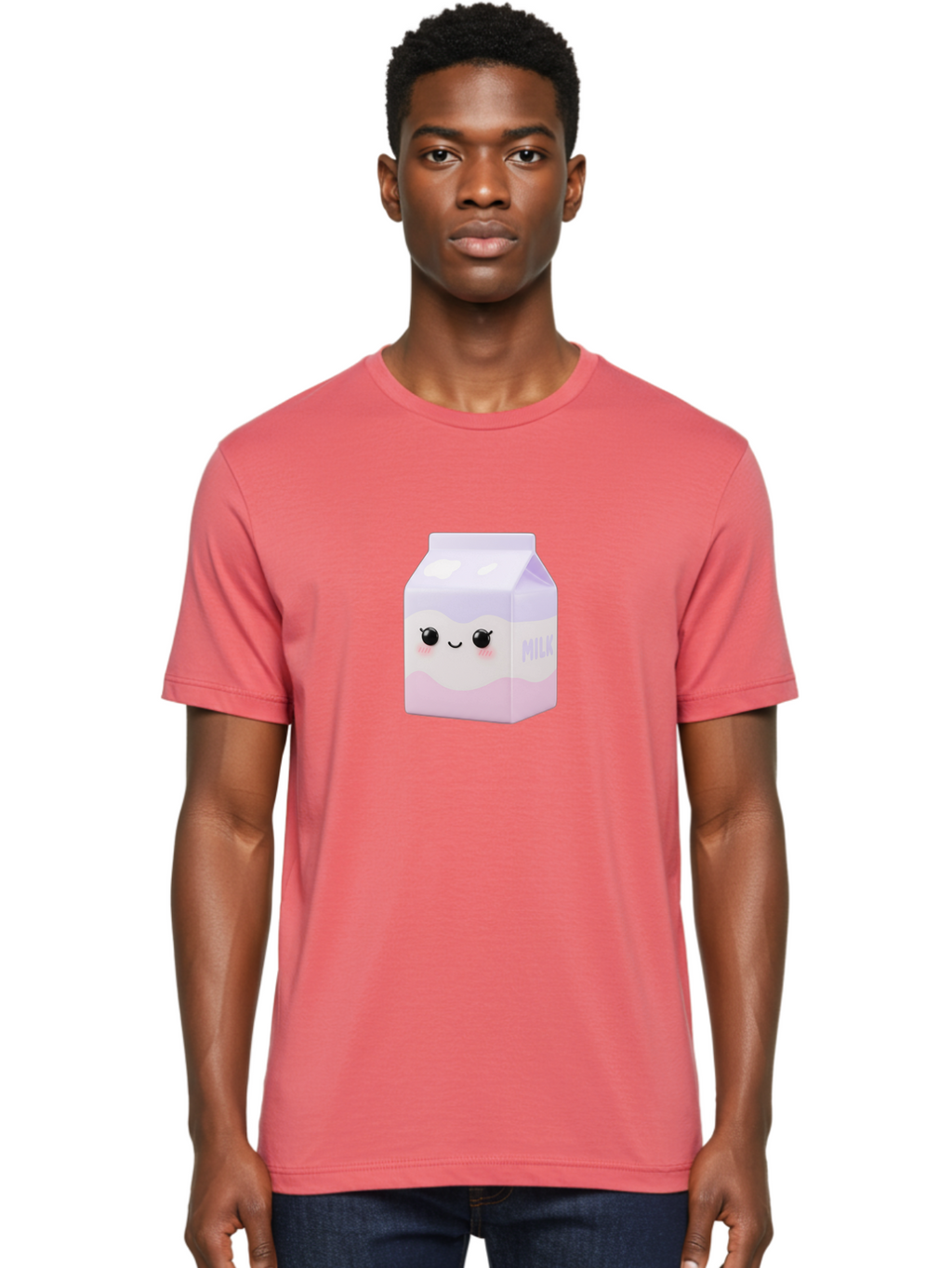 Milk-1 Men'S Graphic Tee, 100% Cotton, Comfortable Casual Summer Wear, Machine Washable, Carton Of Milk, Cute Face, Smiling Eyes, Pink Blush, Kawaii Character, Dairy Product, Funny Illustration, Purple And Pink Colors, Whimsical Design Bae496