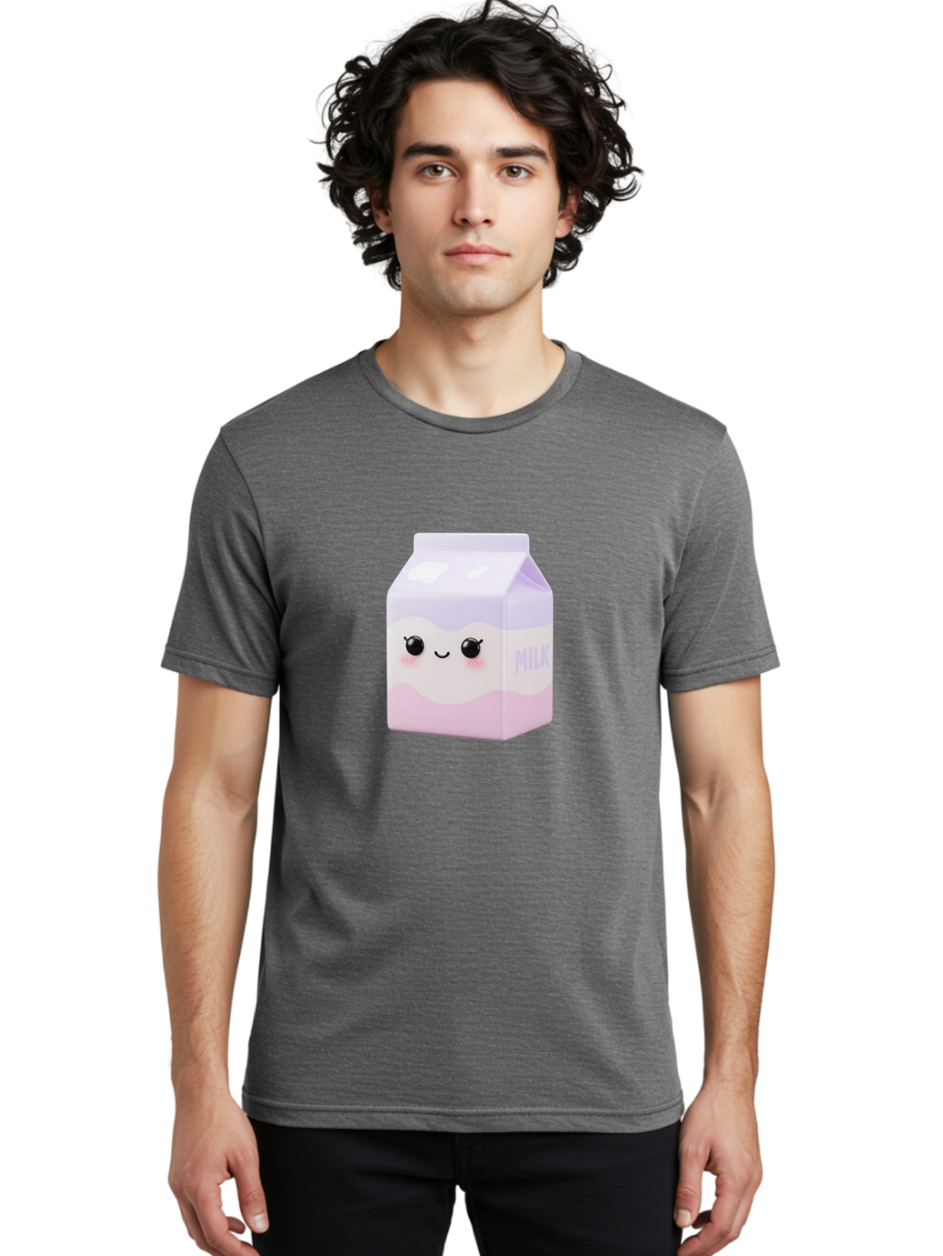 Milk-1 Men'S Graphic Tee, 100% Cotton, Comfortable Casual Summer Wear, Machine Washable, Carton Of Milk, Cute Face, Smiling Eyes, Pink Blush, Kawaii Character, Dairy Product, Funny Illustration, Purple And Pink Colors, Whimsical Design Bae496
