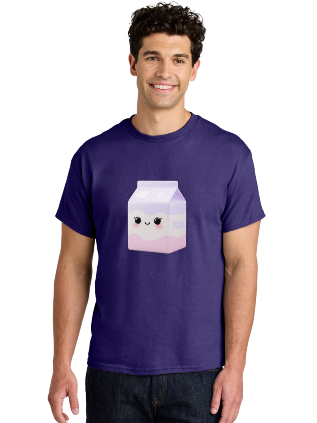 Milk-1 Men'S Graphic Tee, 100% Cotton, Comfortable Casual Summer Wear, Machine Washable, Carton Of Milk, Cute Face, Smiling Eyes, Pink Blush, Kawaii Character, Dairy Product, Funny Illustration, Purple And Pink Colors, Whimsical Design Bae496
