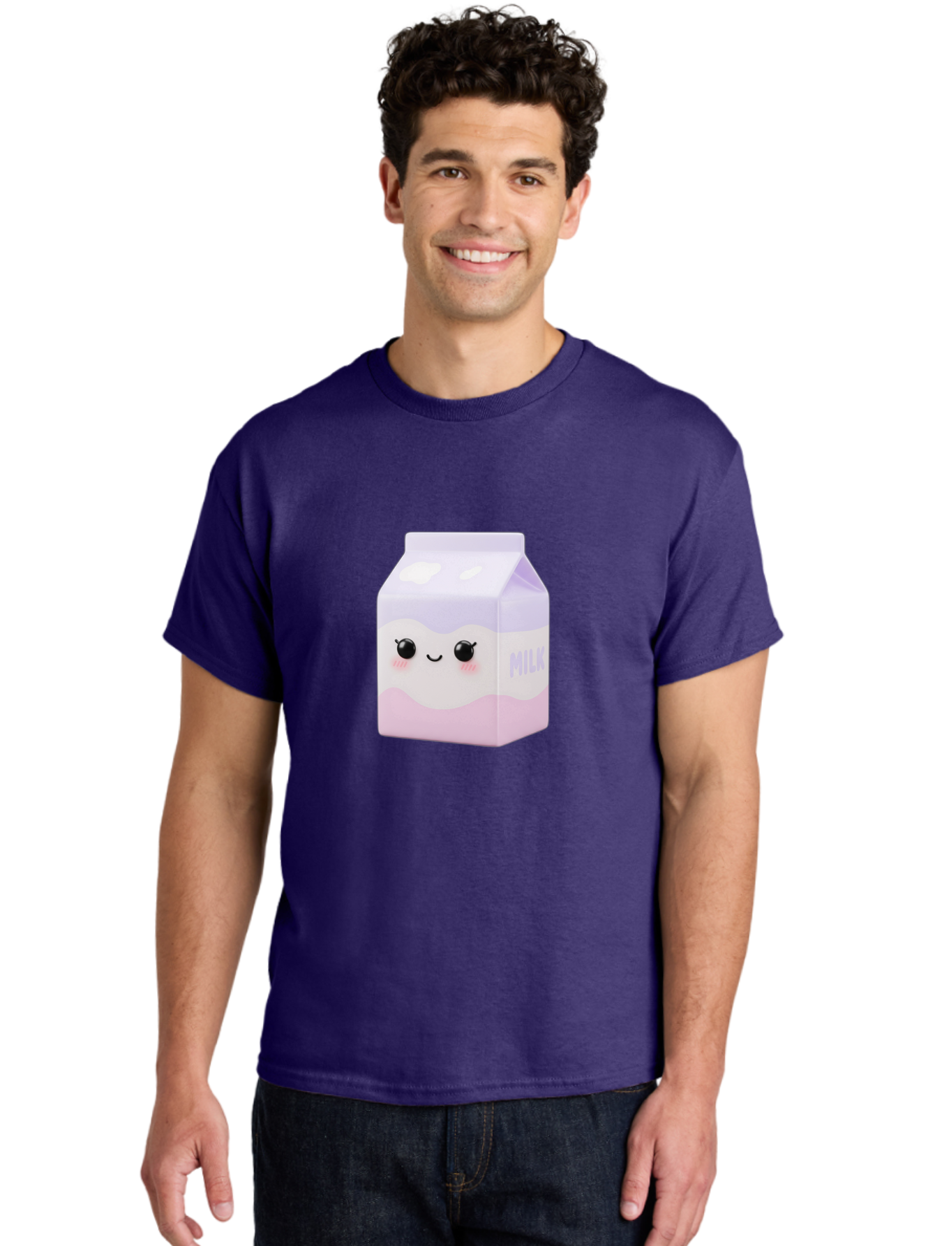 Milk-1 Men'S Graphic Tee, 100% Cotton, Comfortable Casual Summer Wear, Machine Washable, Carton Of Milk, Cute Face, Smiling Eyes, Pink Blush, Kawaii Character, Dairy Product, Funny Illustration, Purple And Pink Colors, Whimsical Design Bae496