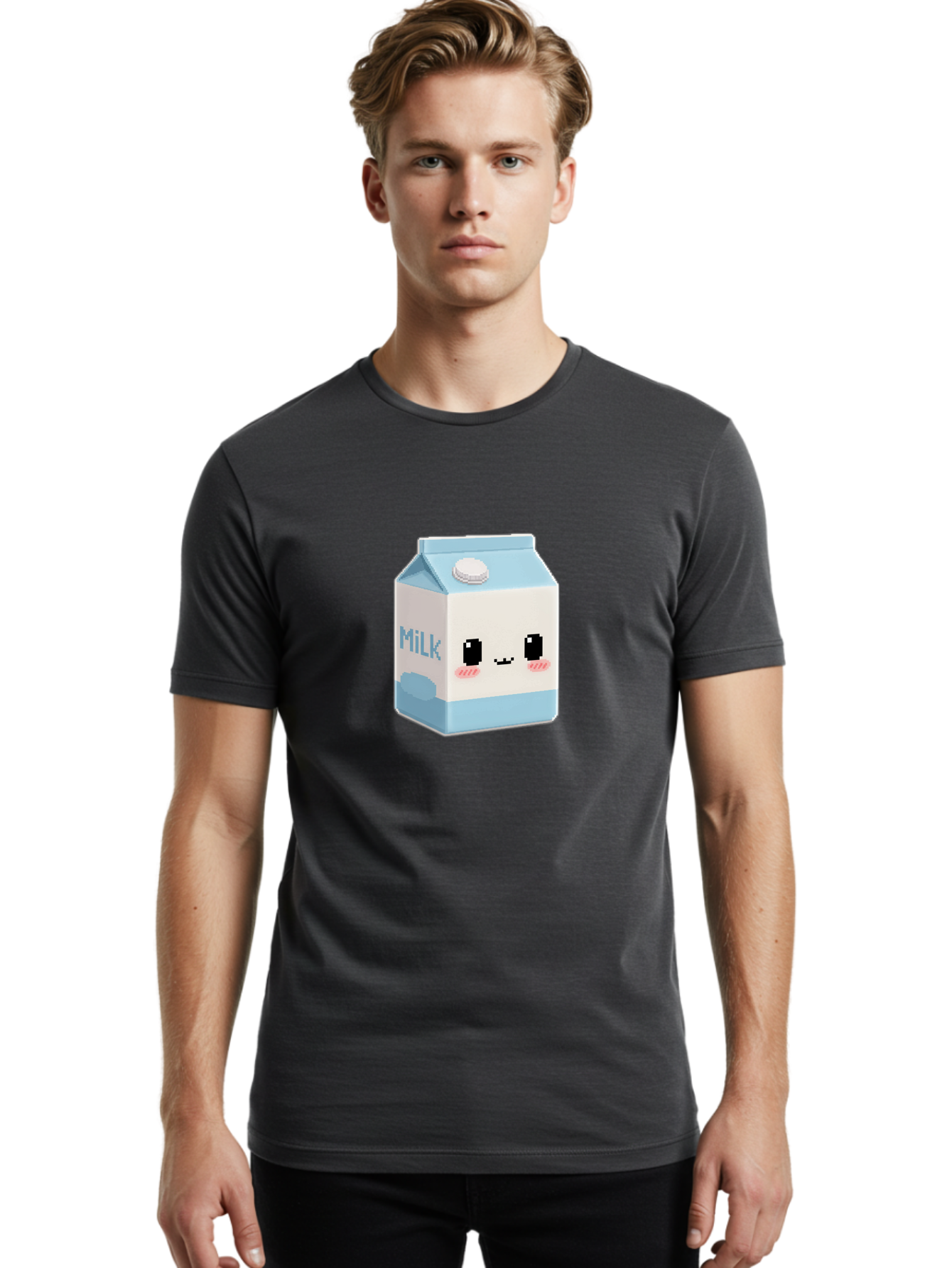 Milk-3 Men'S Graphic Tee, 100% Cotton, Comfortable Casual Summer Wear, Machine Washable, Cartoon Milk Carton, Cute Character Design, Pixel Art Style, Adorable Face, Kawaii Culture, Milk Beverage, Dairy Product, 8-Bit Aesthetic, Bae498