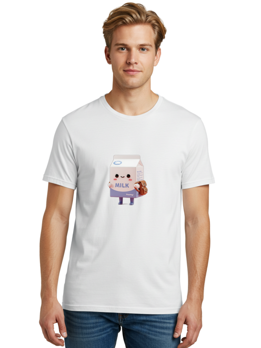 Milk-5 Men'S Graphic Tee, 100% Cotton, Comfortable Casual Summer Wear, Machine Washable, Cartoon Milk Carton, Cute Character Design, Anthropomorphic Packaging, Milk And Cookies, Kawaii Culture, Playful Illustration, Adorable Mascot, Bae500