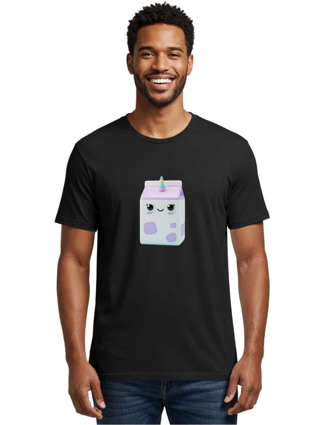 Milk-Carton-1 Men'S Graphic Tee, 100% Cotton, Comfortable Casual Summer Wear, Machine Washable, Milk Carton, Cartoon Character, Unicorn Horn, Purple And White, Cute Design, Funny Face, Kawaii, Playful, Whimsical, Charming, Bae501
