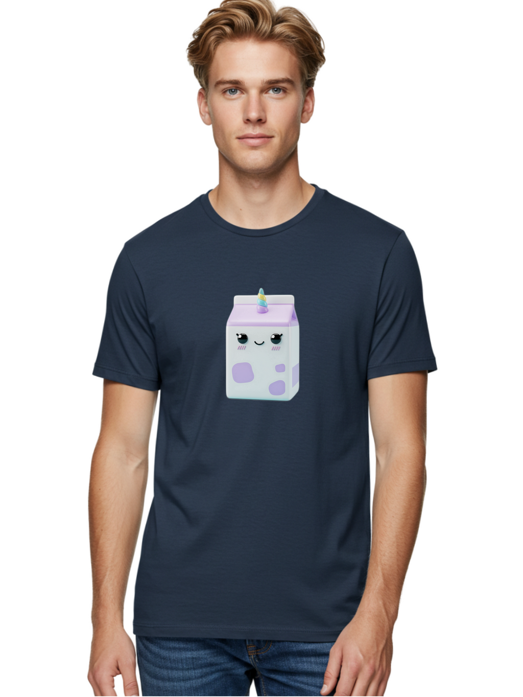 Milk-Carton-1 Men'S Graphic Tee, 100% Cotton, Comfortable Casual Summer Wear, Machine Washable, Milk Carton, Cartoon Character, Unicorn Horn, Purple And White, Cute Design, Funny Face, Kawaii, Playful, Whimsical, Charming, Bae501