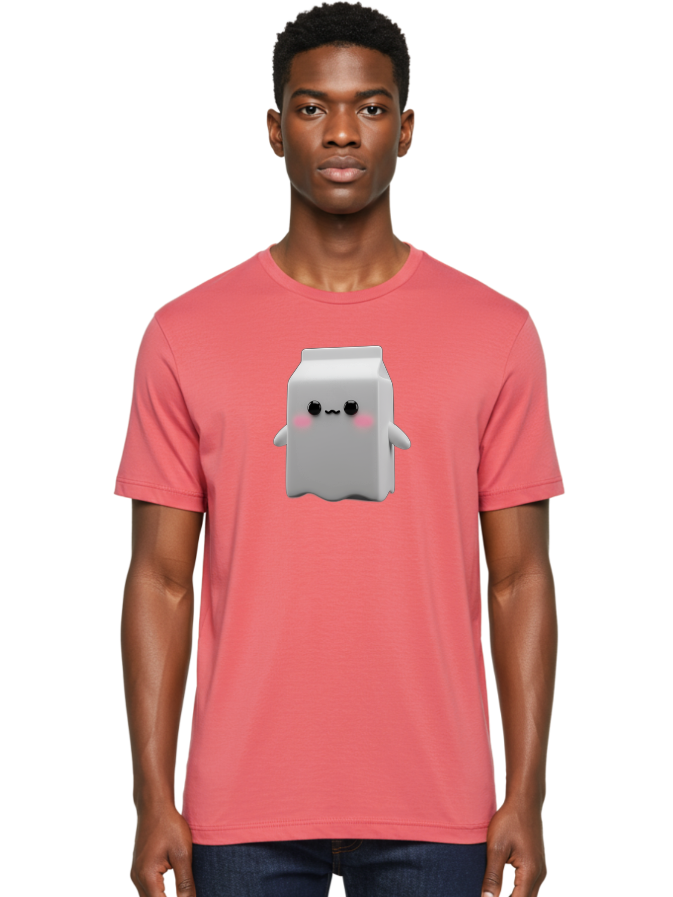 Milk-Carton Men'S Graphic Tee, 100% Cotton, Comfortable Casual Summer Wear, Machine Washable, Cartoon Milk Carton, Kawaii Character, Cute Milk, Adorable Illustration, Pink Blush Cheeks, Squiggly Mouth, 3D Animation, Whimsical Design, Bae503