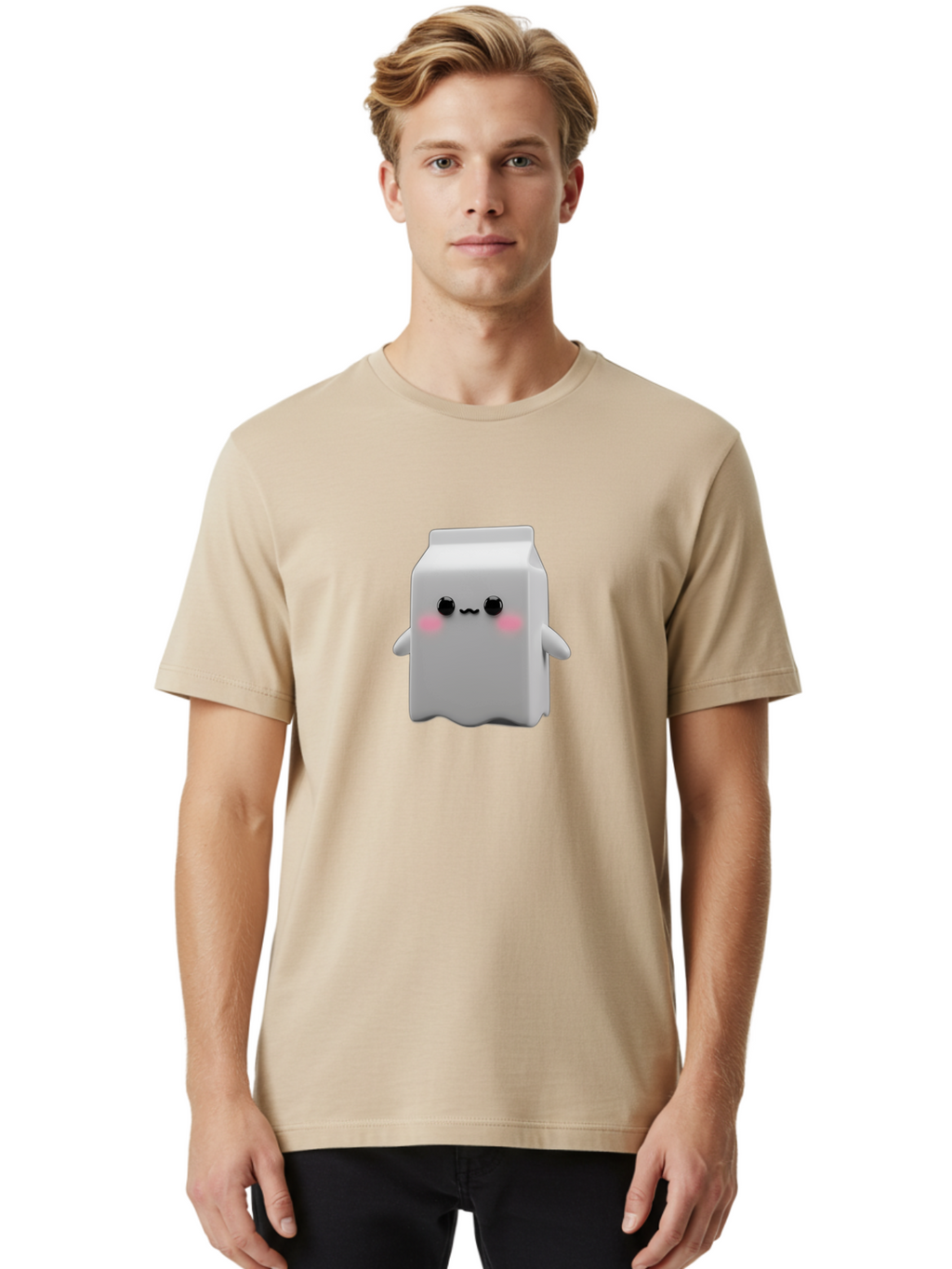 Milk-Carton Men'S Graphic Tee, 100% Cotton, Comfortable Casual Summer Wear, Machine Washable, Cartoon Milk Carton, Kawaii Character, Cute Milk, Adorable Illustration, Pink Blush Cheeks, Squiggly Mouth, 3D Animation, Whimsical Design, Bae503