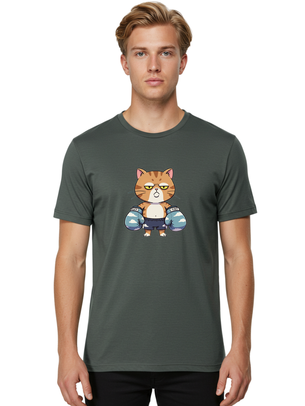 Milo-Cat Men'S Graphic Tee, 100% Cotton, Comfortable Casual Summer Wear, Machine Washable, Cartoon Cat, Boxing Gloves, Meows, Cat Boxing, Funny Cat, Animal Character, Cartoon Character, Boxing Cat, Feline, Cat With Gloves, Cat In Shorts Bae505