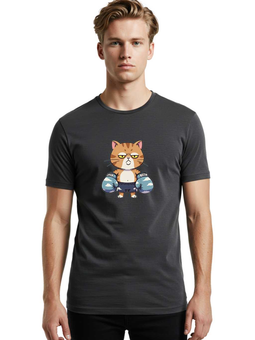 Milo-Cat Men'S Graphic Tee, 100% Cotton, Comfortable Casual Summer Wear, Machine Washable, Cartoon Cat, Boxing Gloves, Meows, Cat Boxing, Funny Cat, Animal Character, Cartoon Character, Boxing Cat, Feline, Cat With Gloves, Cat In Shorts Bae505